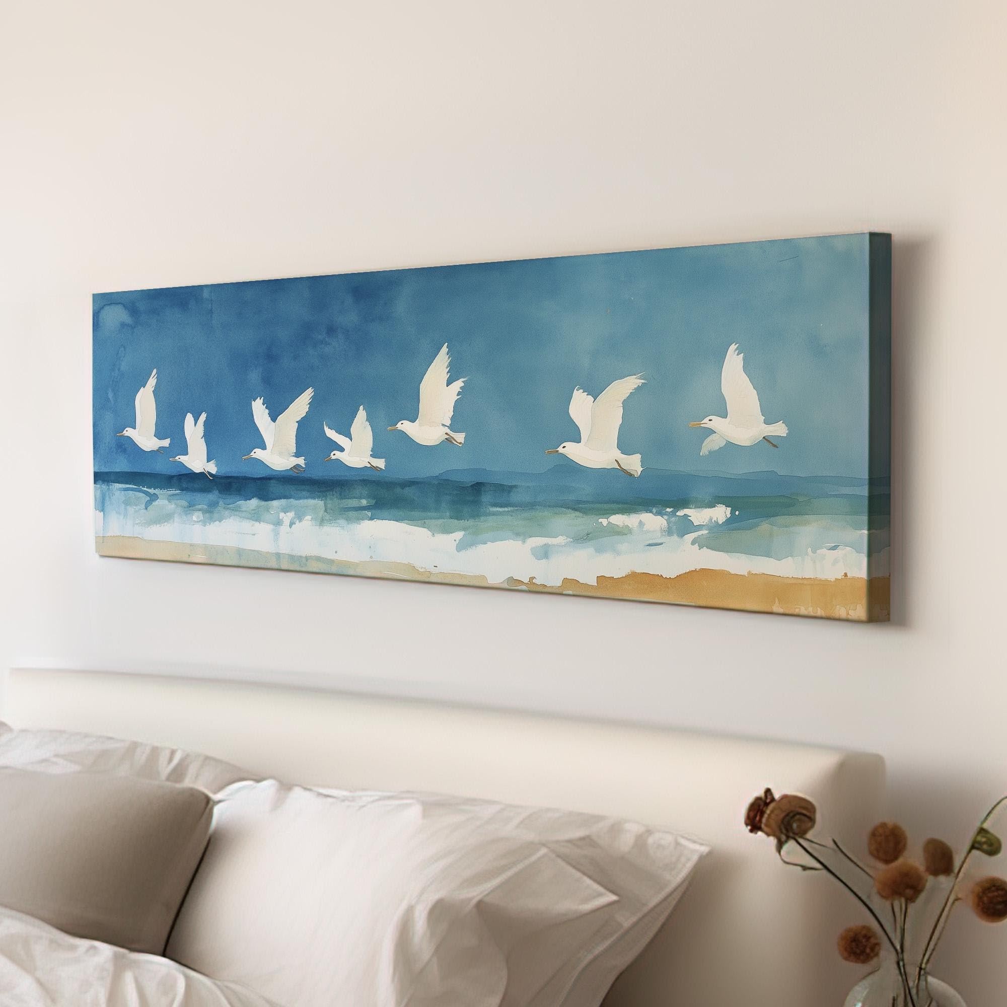LMYCHENG Watercolor White Birds Canvas Painting, Panoramic Beach Mural, Minimal Nature Canvas Print, Bird Flock Posters Wall Art(55x165cm/Frameless)