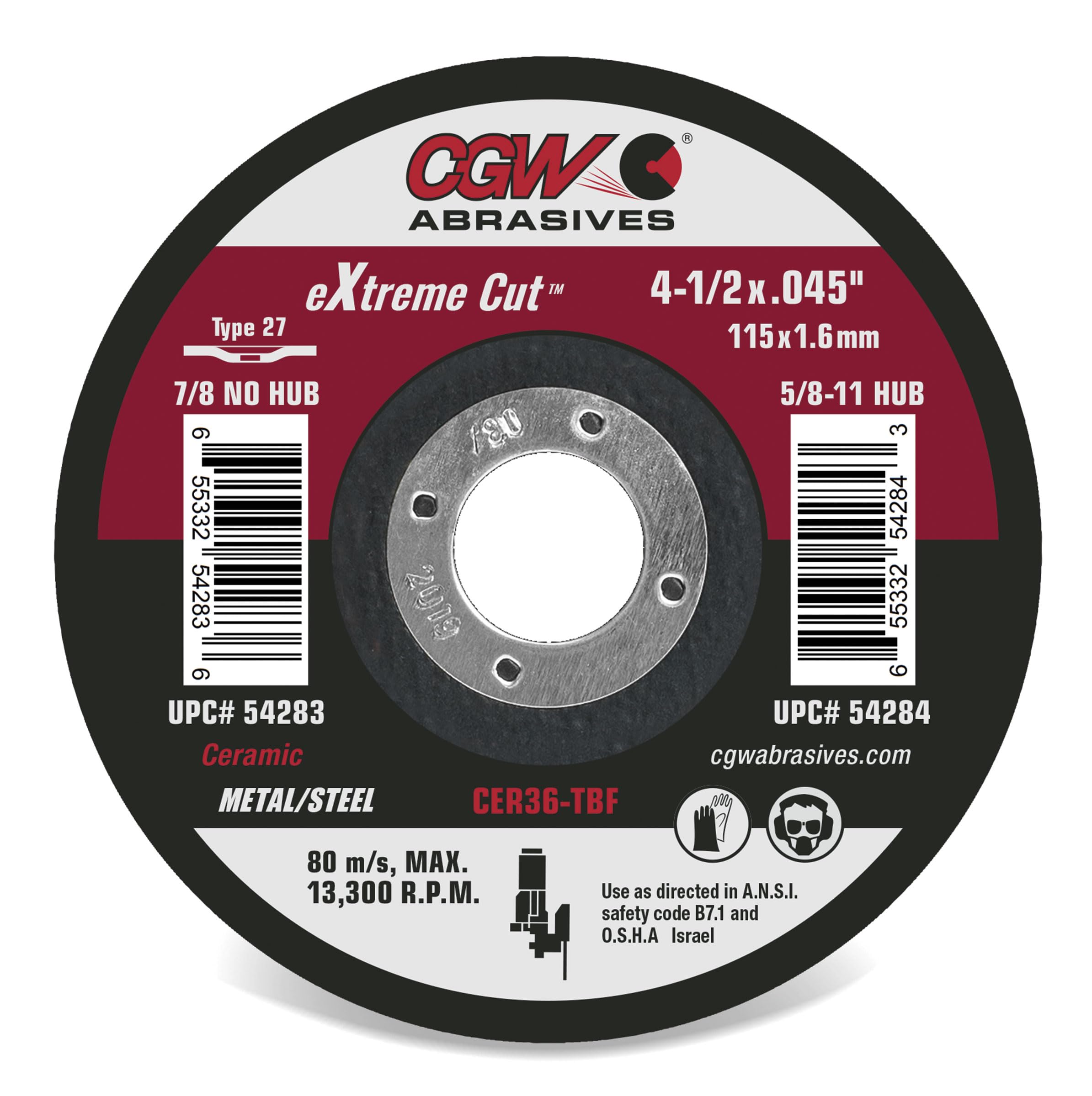 CGW Abrasives Extreme Cut Ceramic Cutting Wheels 54280 41/2X.045X7/8 T1 CER36-T-BF (25 Pack)