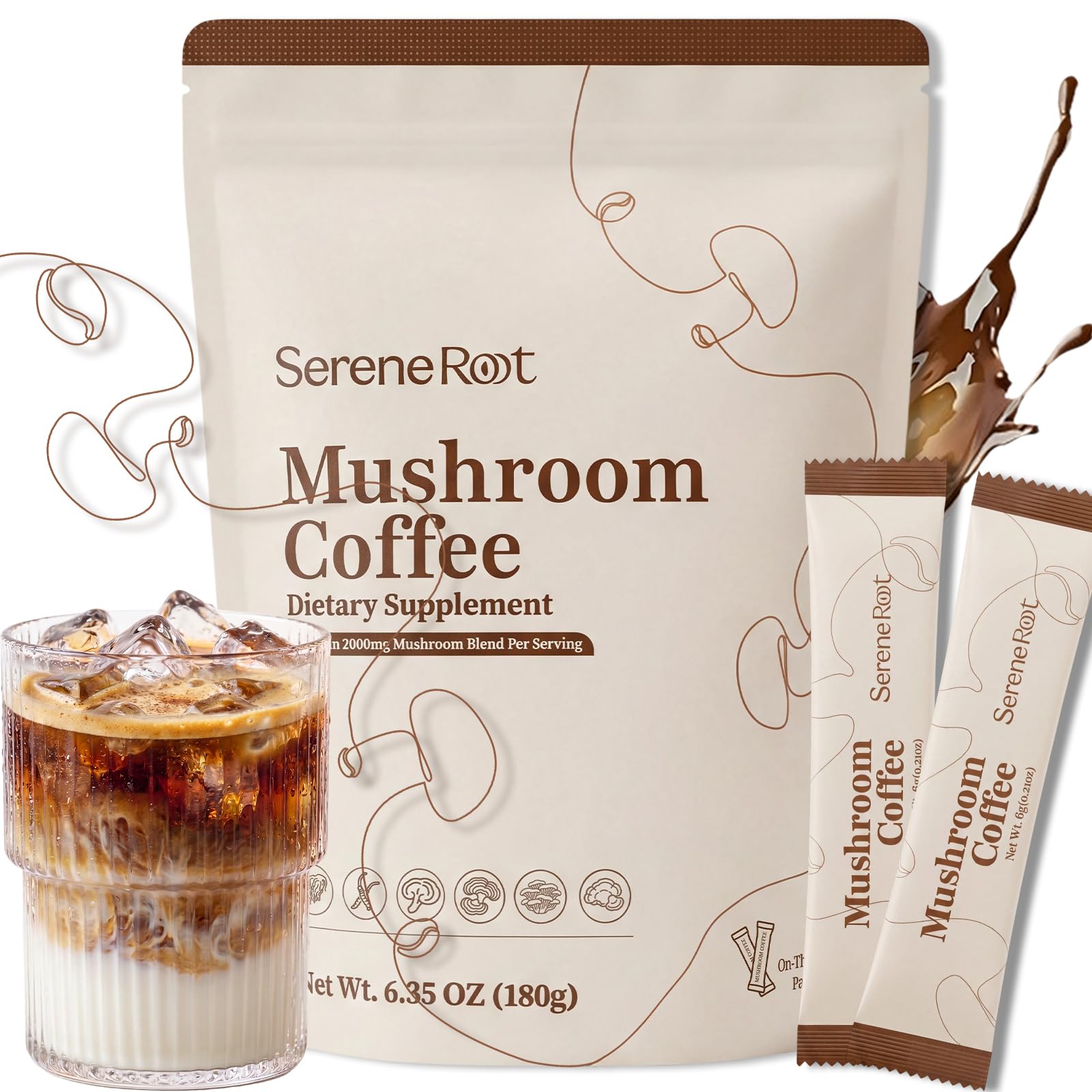 SereneRoot Café instantâneo de cogumelos com 6 cogumelos adaptogênicos e óleo MCT, 2.000 mg, 30 sachês