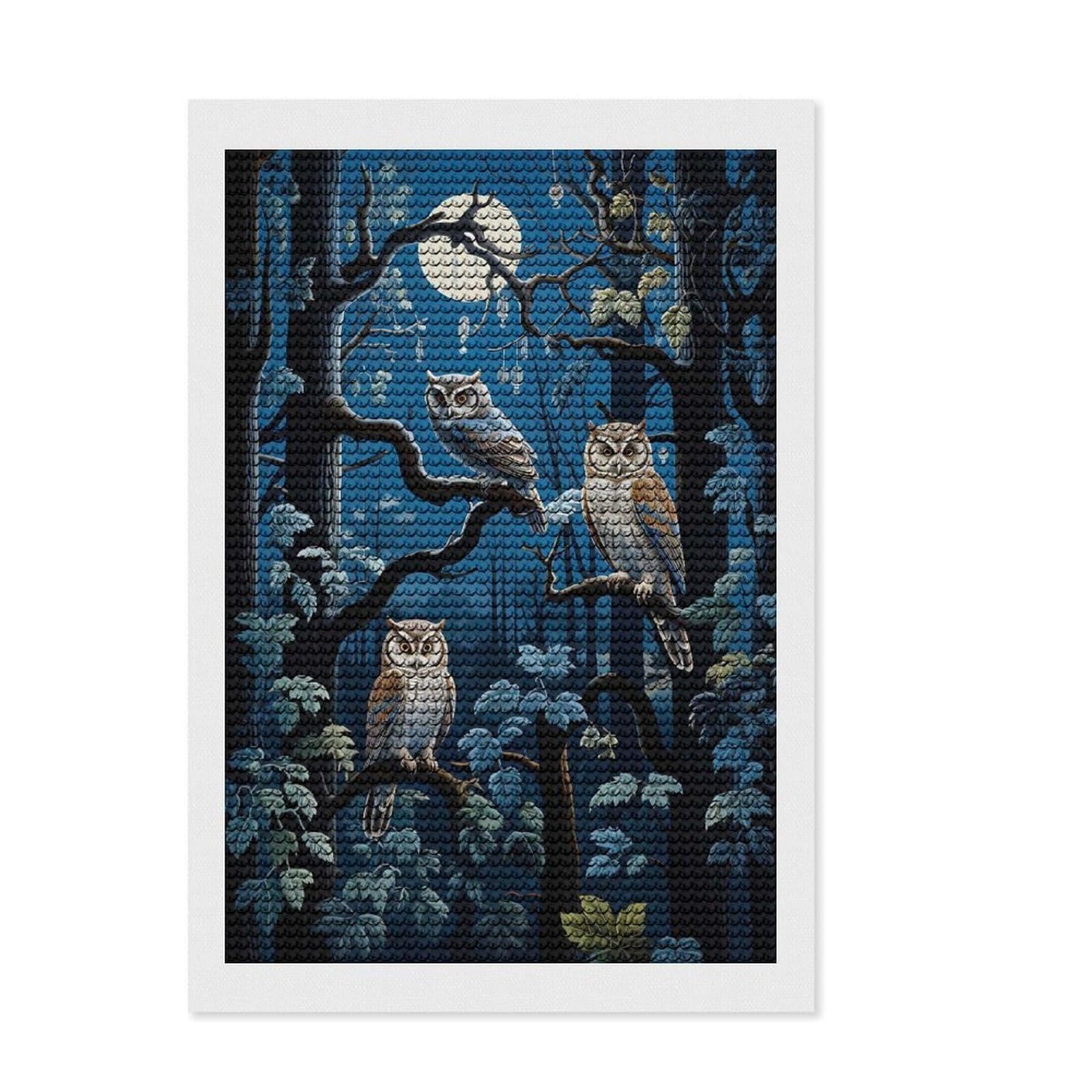 Junmoney Nocturnal Owls Ensemble Diamond Painting Kit 8"x12", Bedroom Decor, Round Gems, Full Kit Included, Relaxing Handmade Project