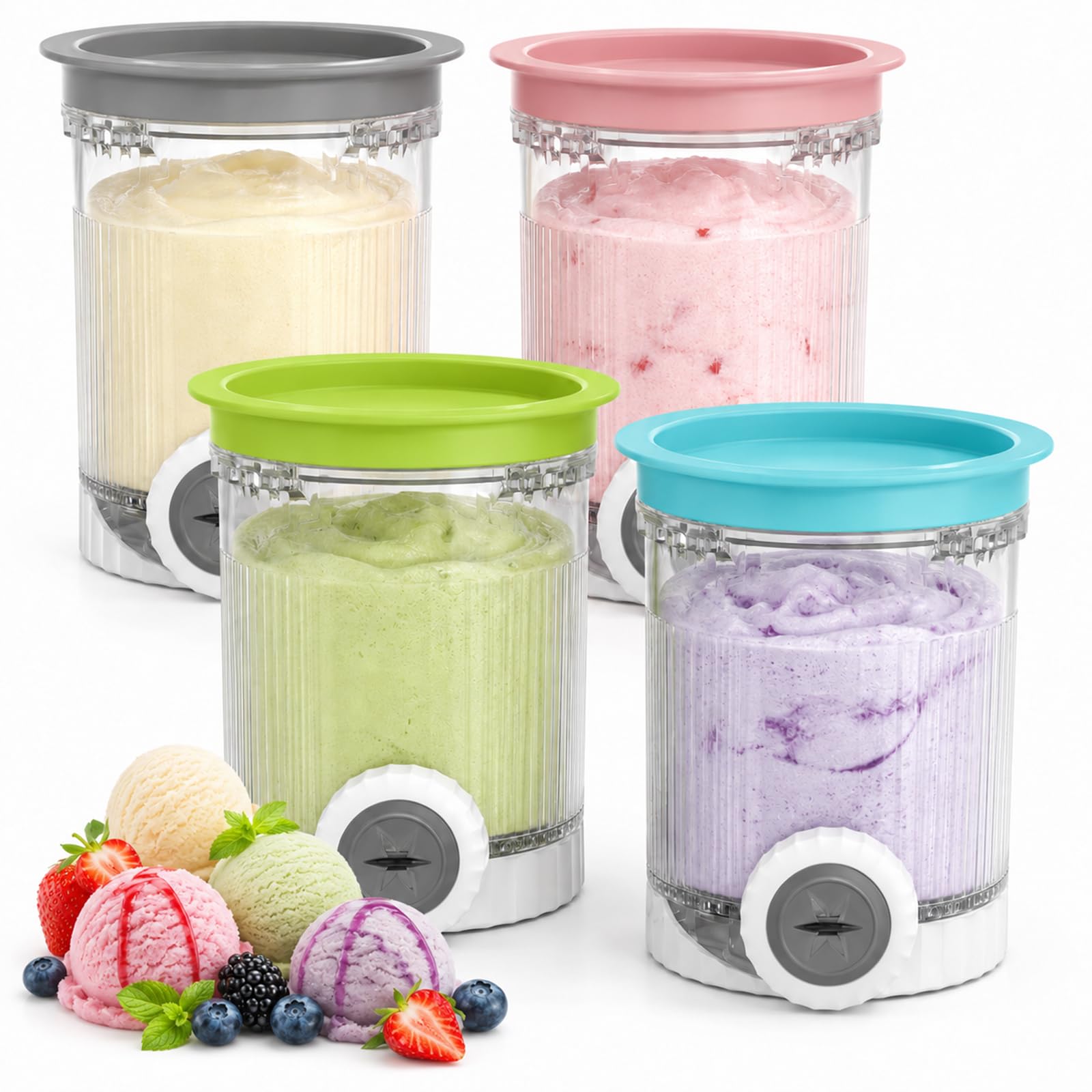 Juego de 4 recipientes compatibles con Ninja Swirl by CREAMi NC700 NC701 Serie, 473 ml, Recipiente para Hielo con Tapas de Colores y boquillas para máquina de Hielo, Vasos de Repuesto sin