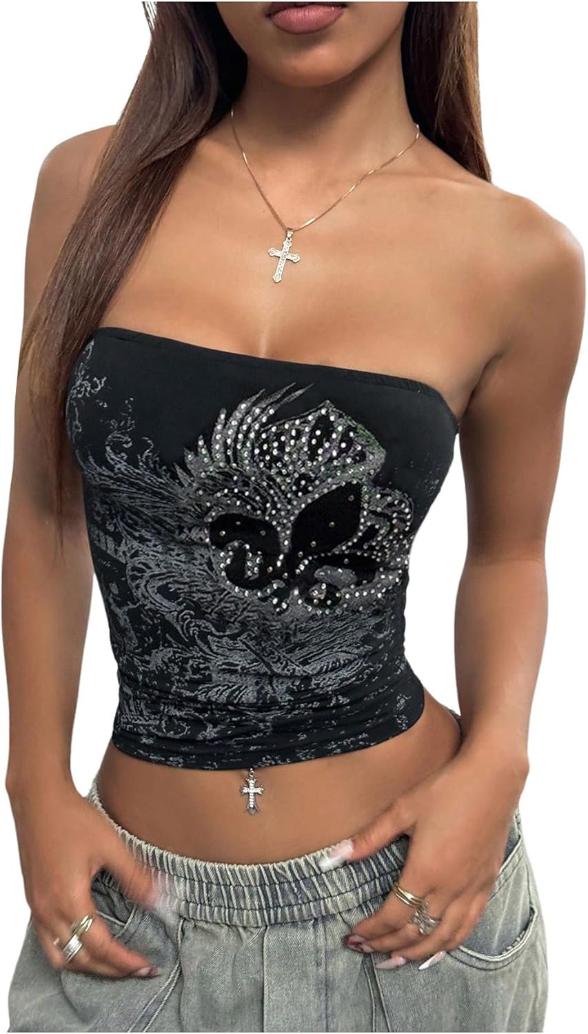 SOLY HUX Women's Glitter Graphic Bandeau Tube Top Y2k Gothic Strapless Crop Tops Rave Party Outfits