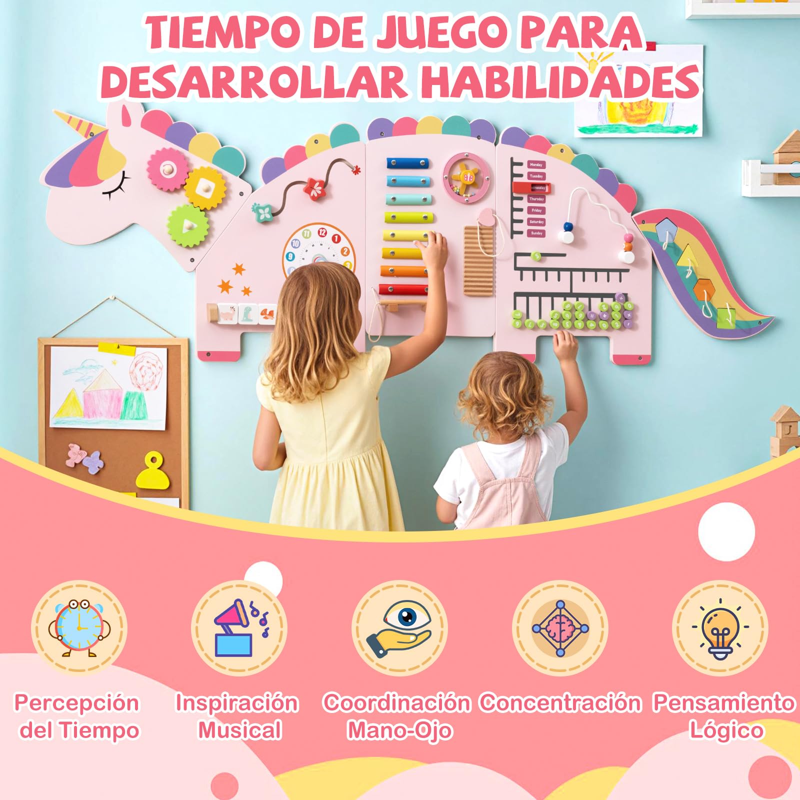 COSTWAY Panel de Actividades de Pared para Niños Unicornio, 11 en 1 Tablero Sensorial Montessori de Madera para Educación y Desarrollo Temprano, Centro de Actividades para Sala de Juegos Guardería