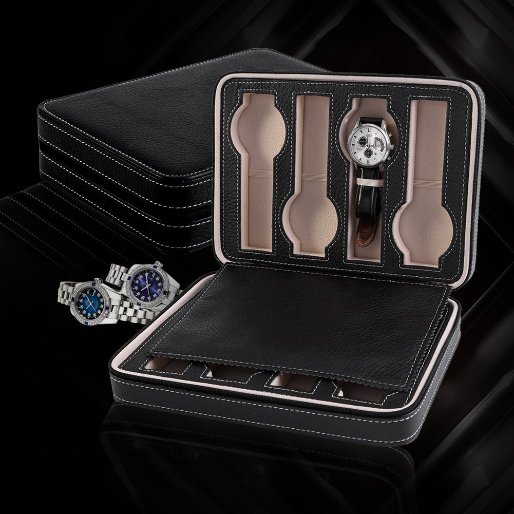 Guarda la Scatola Porta Orologi 8 Griglie - Portatile con Cerniera per Immagazzinamento ed Esposizione di Braccialetti e Gioielli - Organizzatore da Viaggio per Collezionisti (Nero)