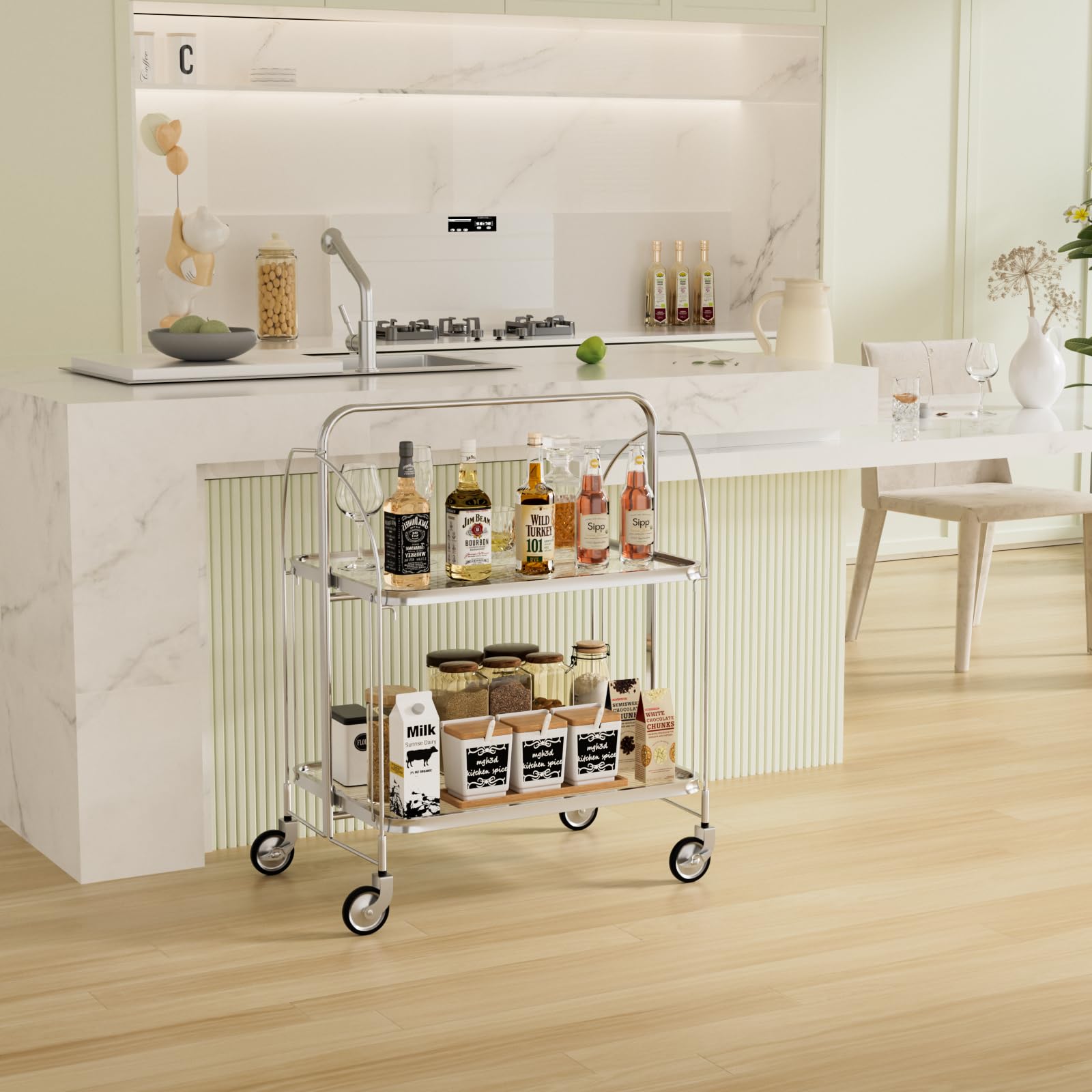 Servierwagen mit Rollen, Servierwagen Klappbar, Dinett 2 Tier Ablagekorb aus Temperglas with Wheels, für Küche, Barwagen, Rollwagen Metall, Teewagen, Weinwagen, moderner Getränkewagen