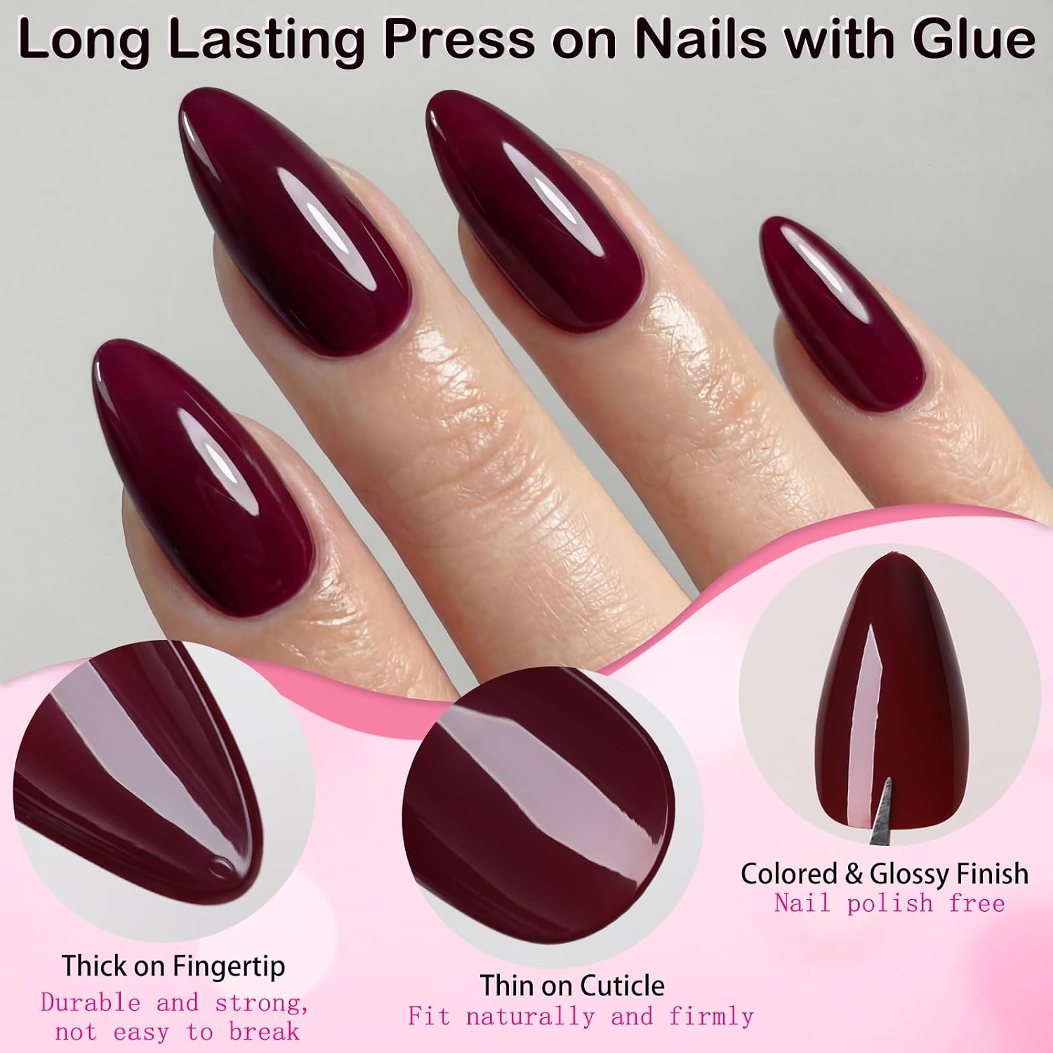 240pc Burgundy Press on Nails Medium Almond Fake Nails with Glue Tabs, Medium Nails Press ons Nail Almond Glue on Nail Red Wine Acrylic Nail Short Stiletto Stick Nail Women Artificial Fingernail