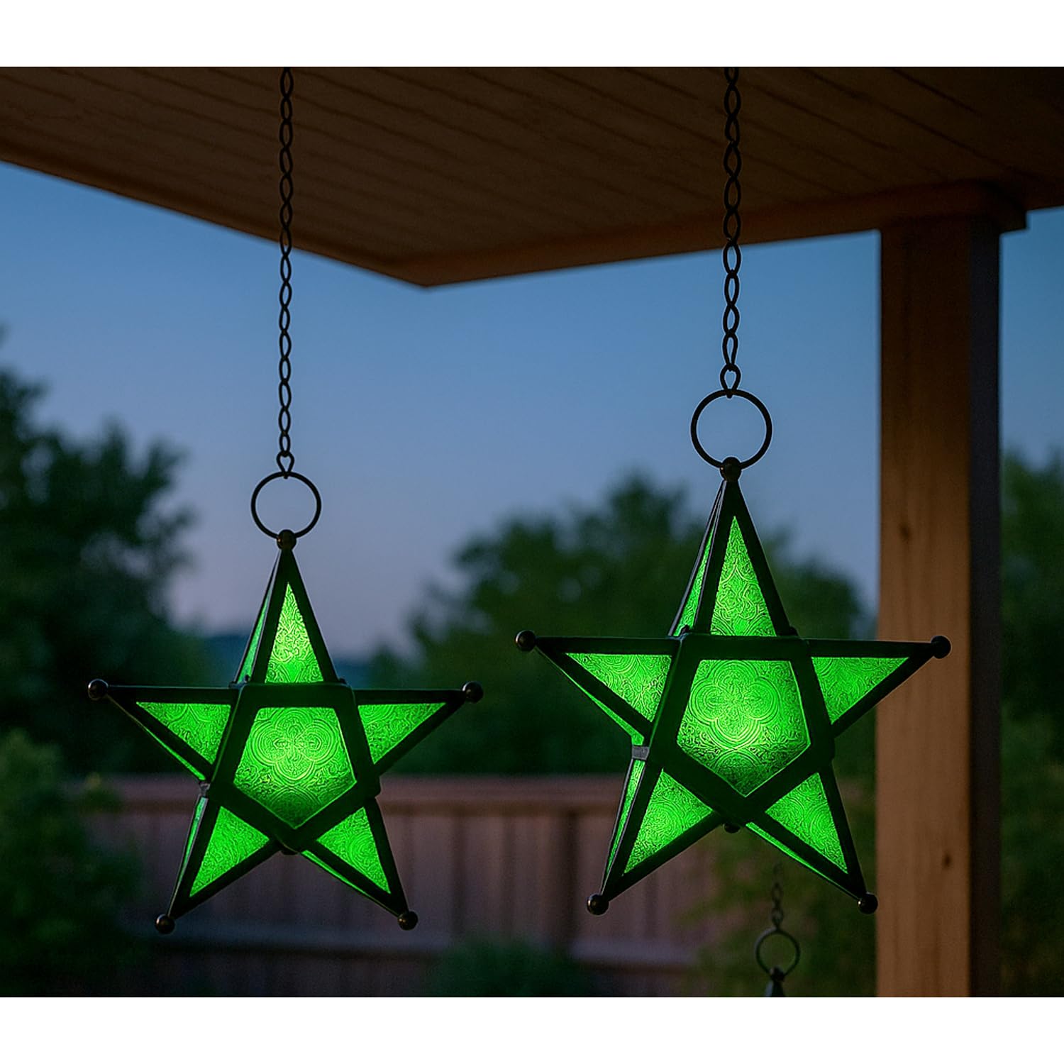 Vela Lanterns Green Decorative Hanging Star Candle Lanterns, Set Of 2