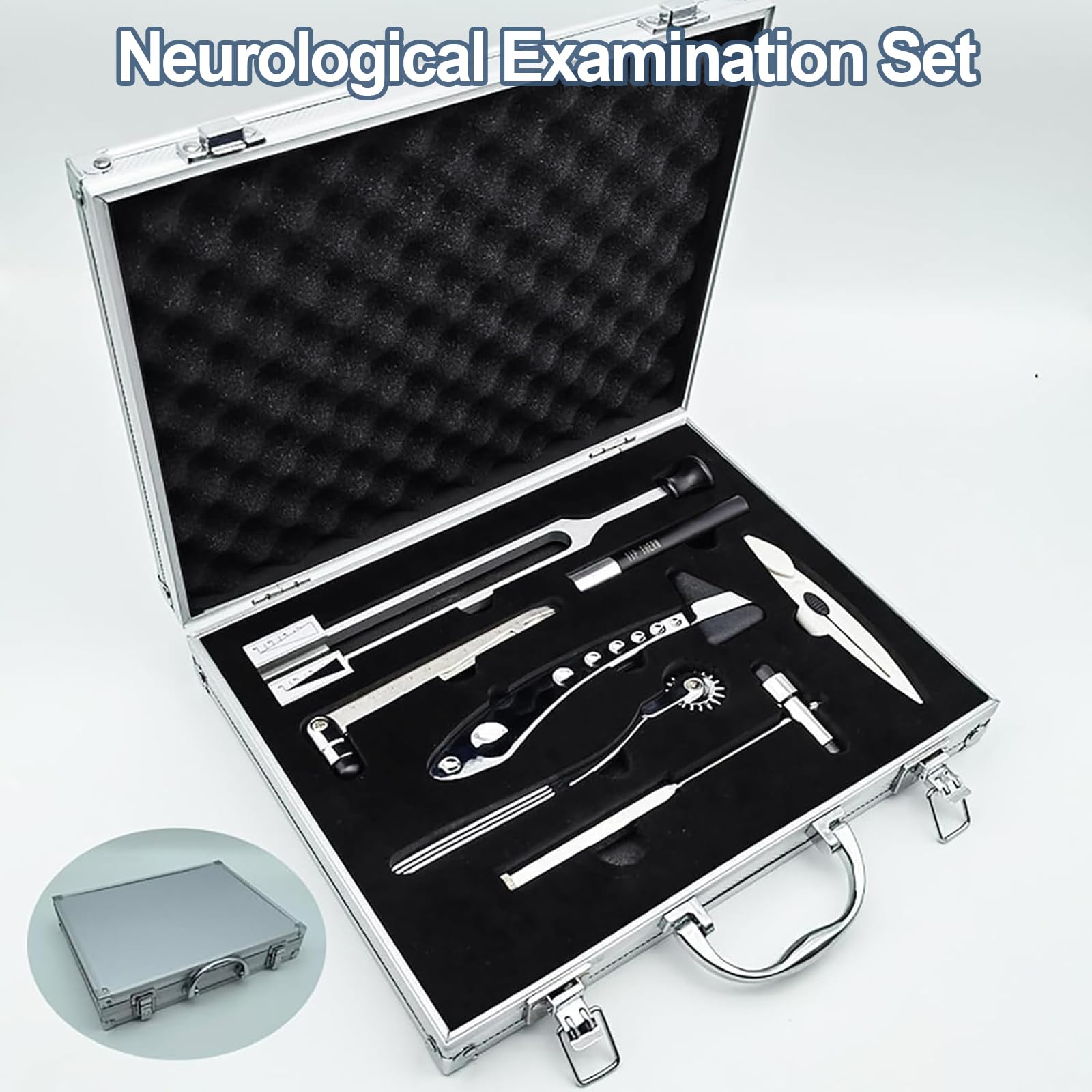 Kit d'examen neurologique 7 pièces, kit de diagnostic avec boîtier en aluminium, poignées ergonomiques pour Pinprick Touch Pression Température Vibration Reflex Test