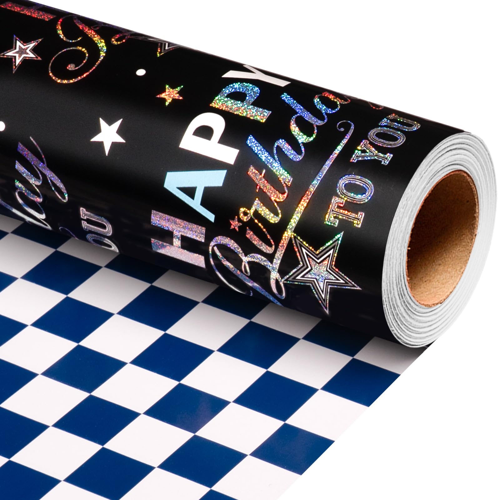 Wikadlik Black Birthday Wrapping Paper - 43cm x 10m Luxury Holographic Happy Birthday Text & Star Pattern, Navy White Checkered Gift Wrap for Men Boys Birthday โ image 1
