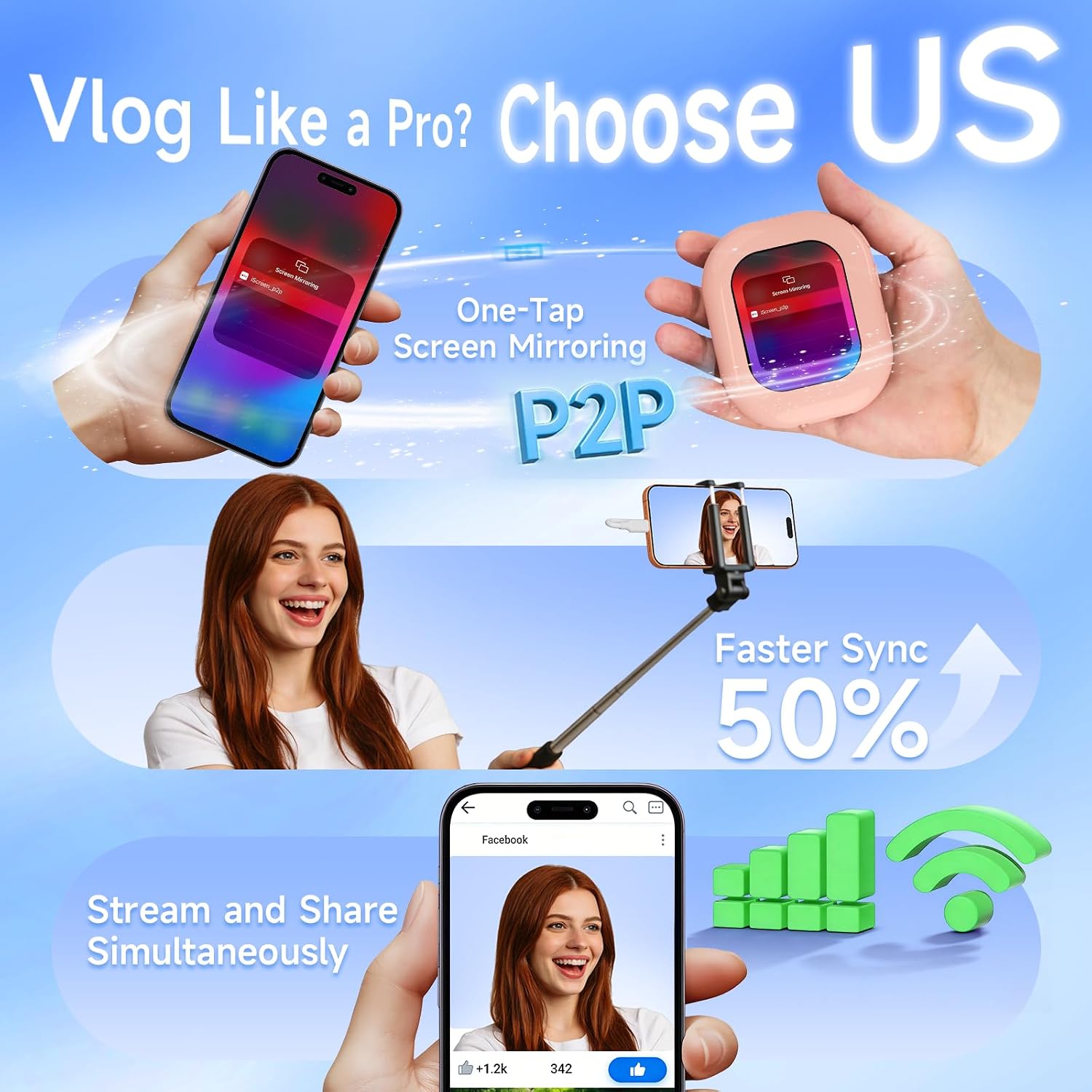 Mini Selfie Monitor Screen, Magnetic Monitor for iPhone Android | Built-in Bluetooth Remote, 2.01" IPS Portable Back Camera Display for Vlog, TikTok and Live Streaming（Pink）