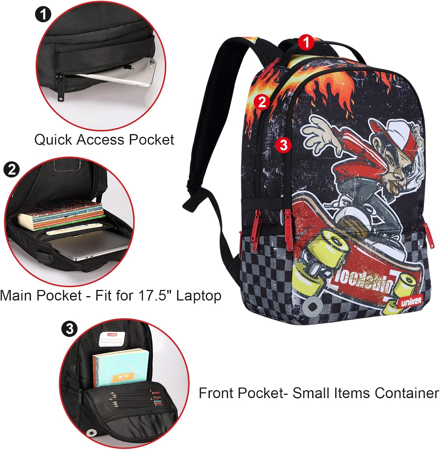 UNIKER School Backpack for Teen Boys, Laptop Backpack for 15.6 Inch Laptop,Designer Backpack for High School, Skateboard Boy - Image 4
