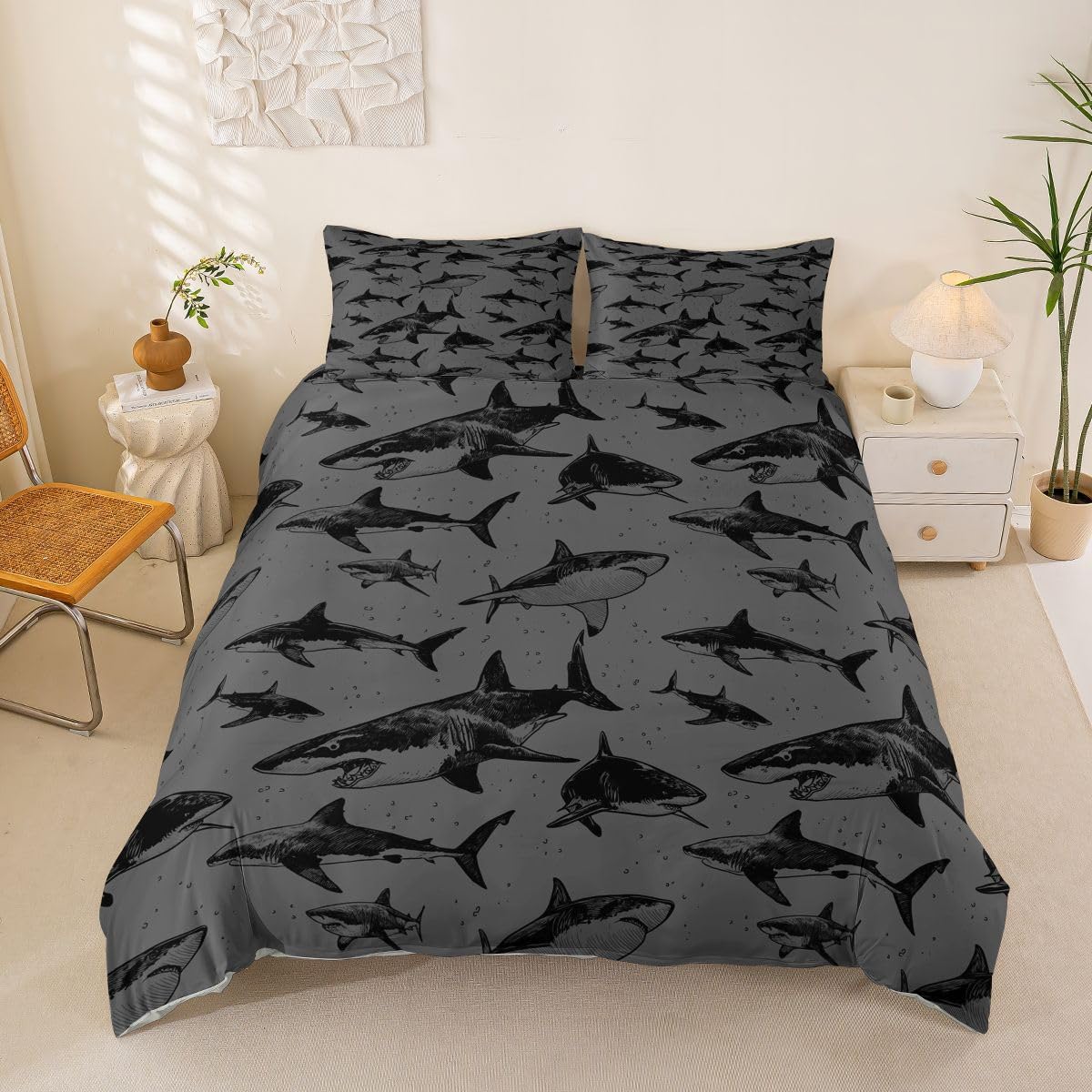 Erosebridal Shark Comforter Cover Toddler Size Shark Fish Duvet Cover for Kids Teens Adult Bedroom Decor Sea Animal Navy Blue Bedding Set Coastal Ocean Life Bed Set