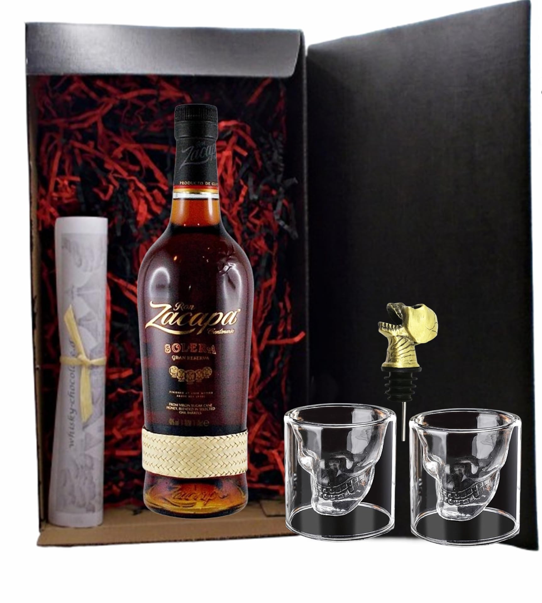 Zacapa Centenario Solera Gran Reserva Rum + Ausgießer Totenkopf + 2 Totenkopfgläser im Geschenk Karton Geschenkset Männergeschenke