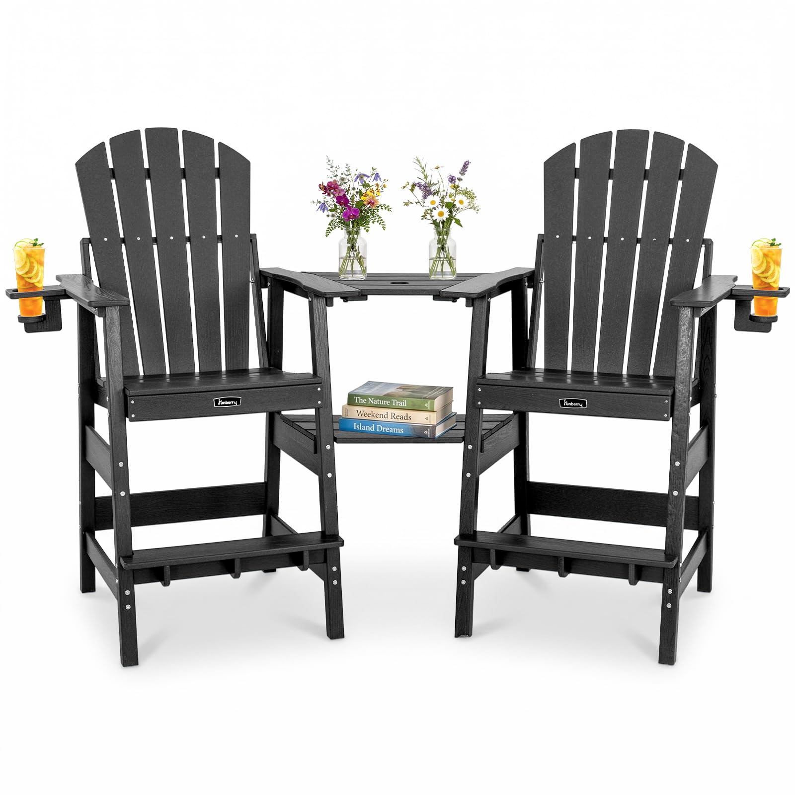 FUNBERRY Tall Adirondack Chair Set of 2 with Tables, High Top Balcony Chair