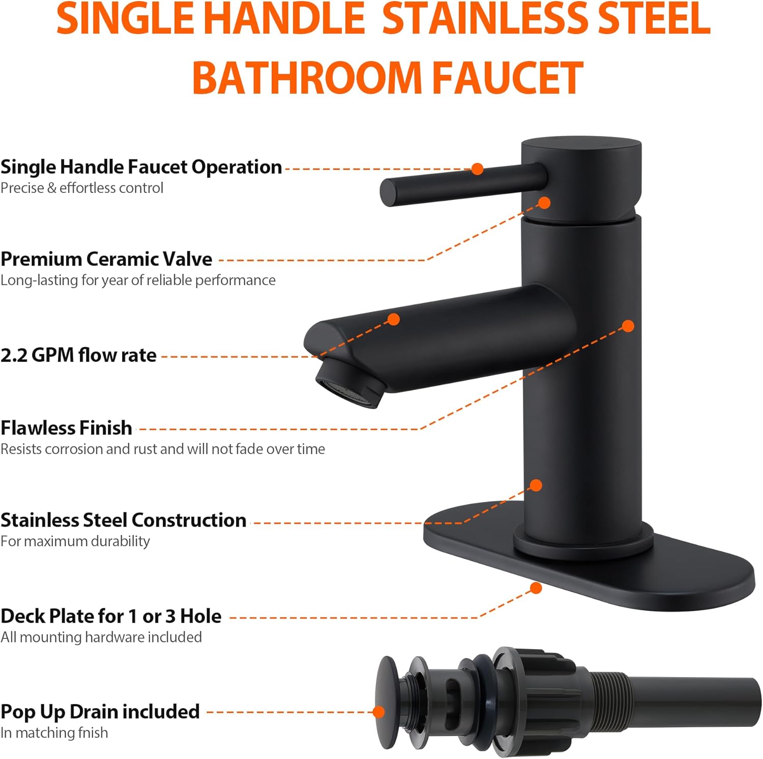 Matte Black Stainless Steel Single Handle Bathroom Faucet