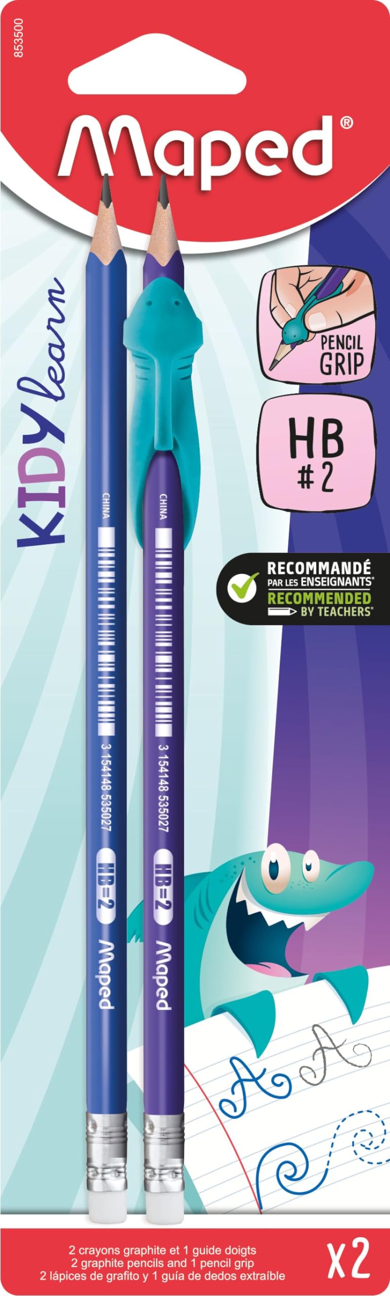 Maped - 2 pencils + 1 removable finger guide - Finger guide in soft blue material - Learning tool for graphite pencils