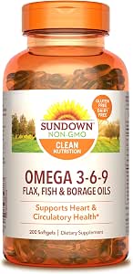 Sundown Triple Omega 3-6-9, Heart and Circulatory Health, 200 Softgels (Packaging May Vary)