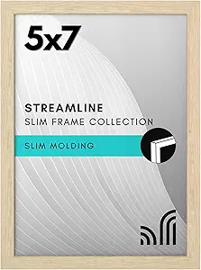 Americanflat 5x7 Picture Frame with Shatter-Resistant Glass - Streamline Collection - Thin Border Picture Frame for Tabletop and Wall Display - Hanging Hardware and Easel Stand Included - Natural Oak