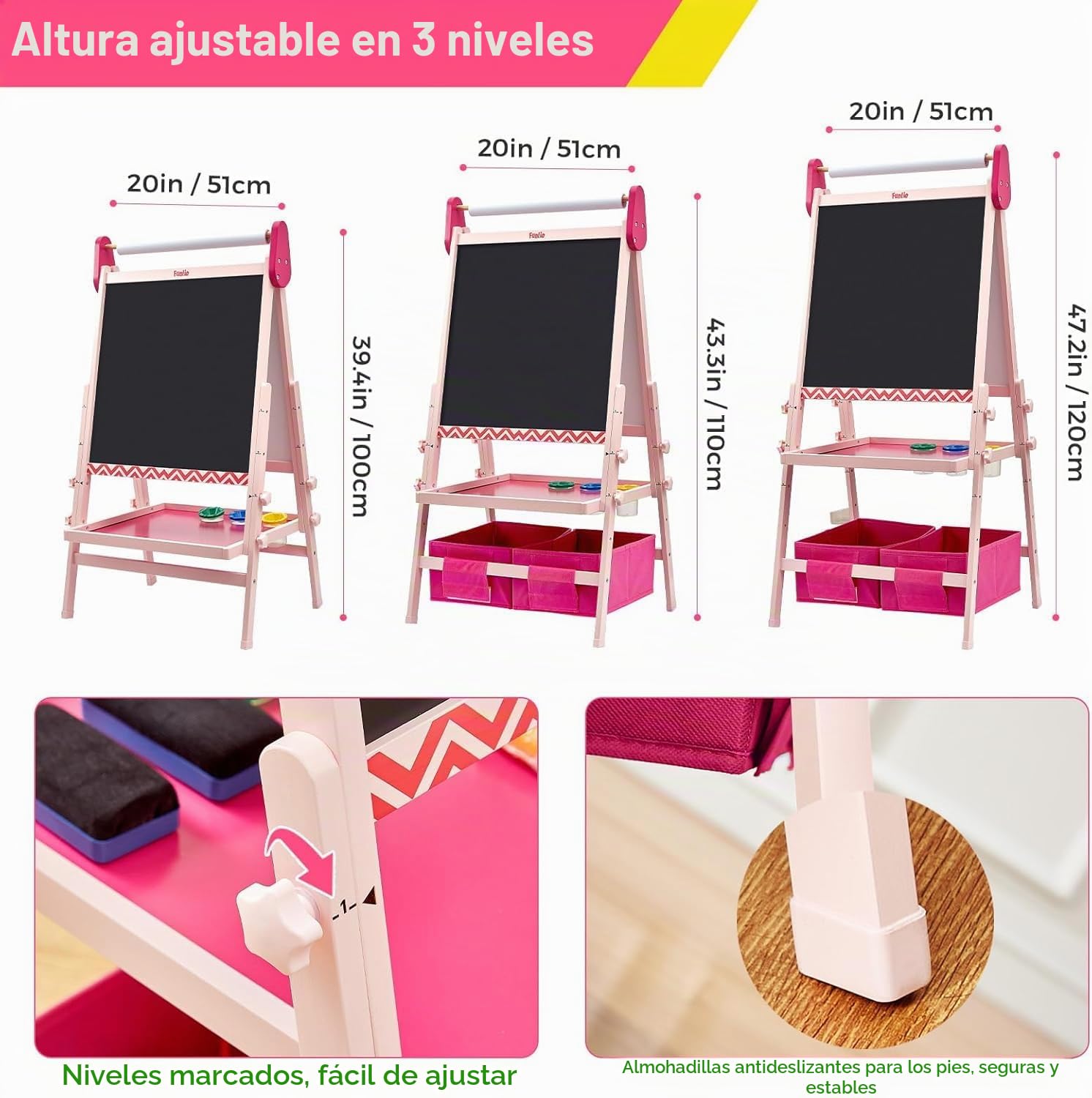FUNLIO Caballete de Arte para Niños de 3 a 8 años, Tablero Antideformación, pizarra infantil con Pizarra Magnética/Blanca, 3 Altura Ajustable, Todo en Uno con Rollo de Papel - Rosa