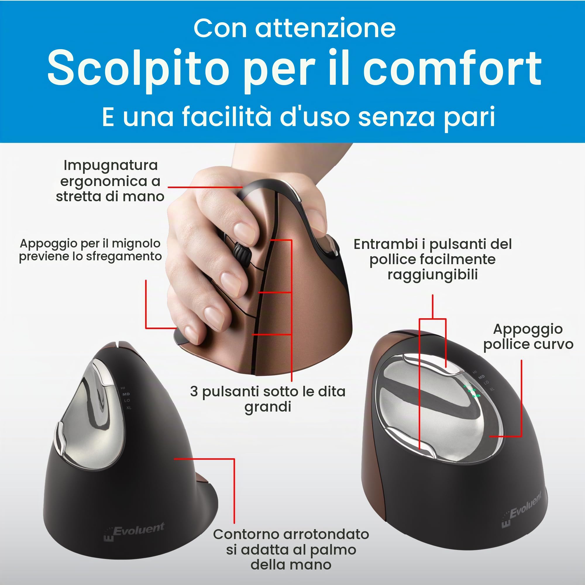 Evoluent Vm4S Piccolo Mouse Destro Evoluent 4 6 Brancolare/Rotella di Scorrimento/Cavo, 2400 dpi