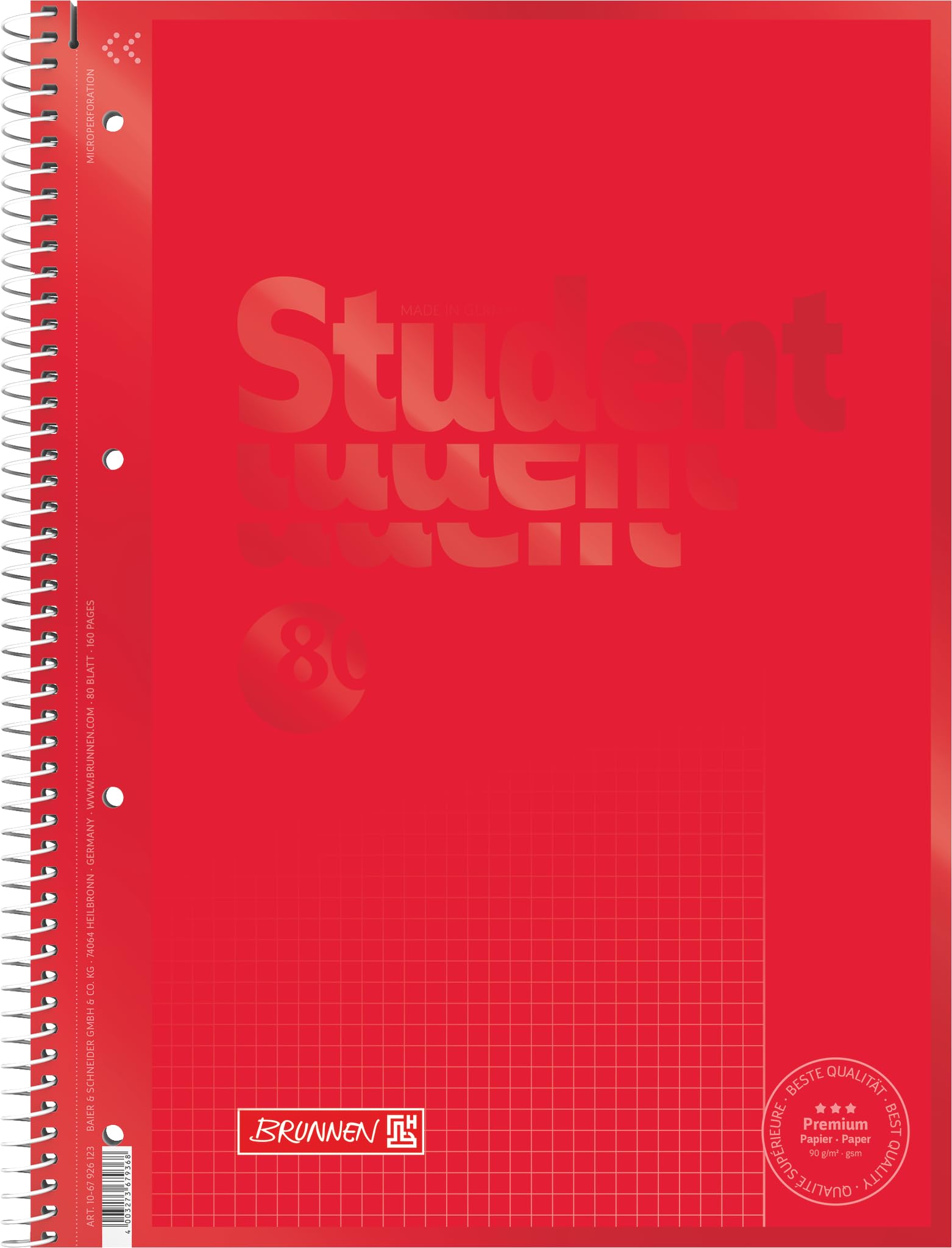 BRUNNEN Collegeblock Premium Student Colour Code | A4, Lineatur 26, 80 Blatt, red