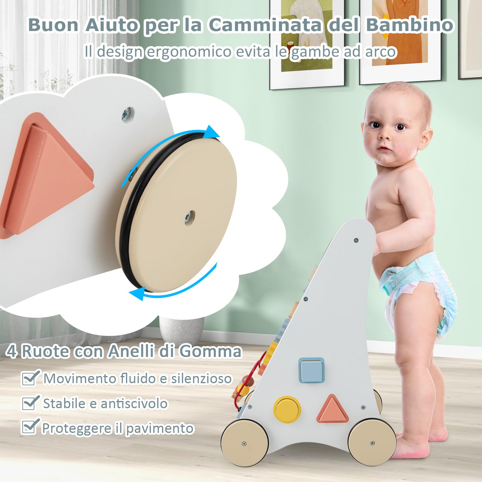 RELAX4LIFE Carrellino Primi Passi 7 in 1, Ausilio per Camminare con Specchio e Giocattolo, Girello in Legno per Ragazzi e Ragazze, 1+ Anni (Modello 1)
