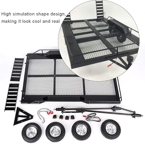 Miniatura 6 de Remolque RC, modelo a escala 110, kit de remolque plano de doble eje, cuatro neumáticos, compatible con coche 110, accesorios a escala 110, coche