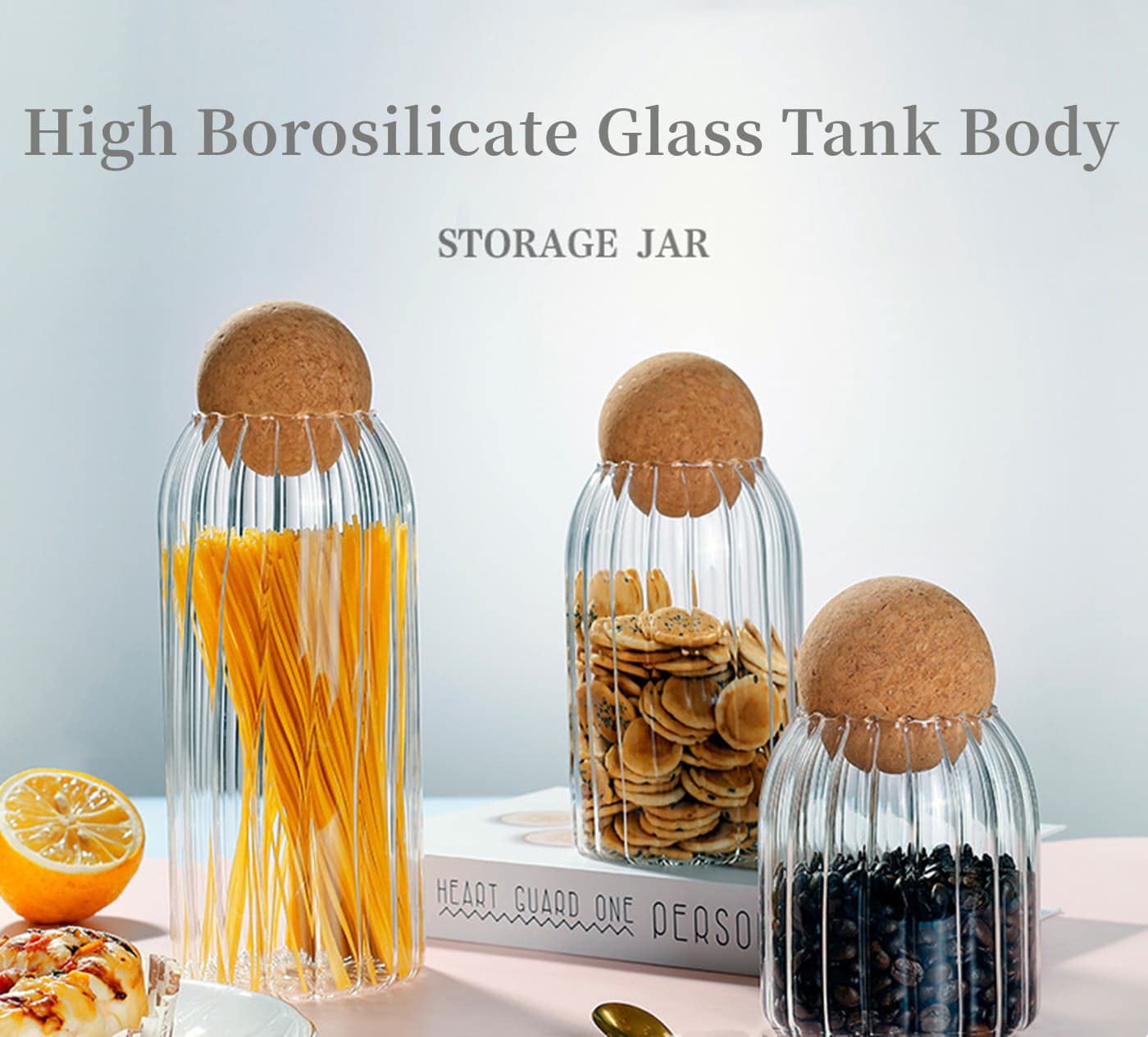 Eidoct Glasbehälter mit Holzdeckelkugel, verschiedene Größen, Klarglas, 4 Stück