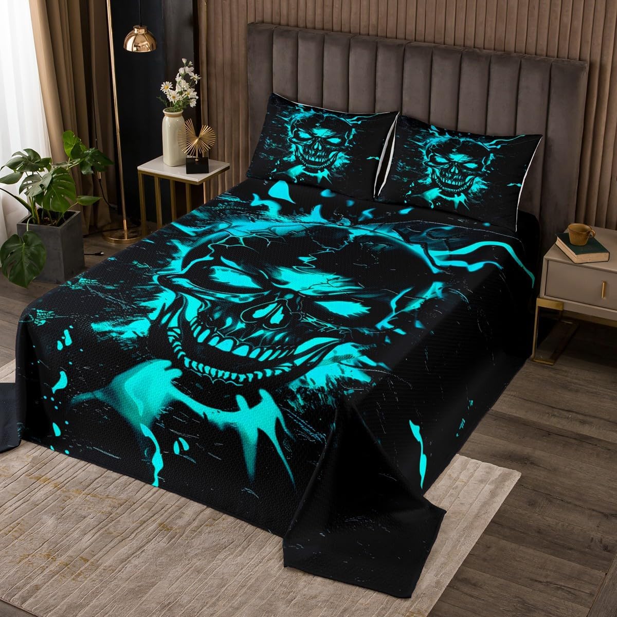 Erosebridal Goth Skull Quilt Set Queen Size for Kids Teens Adults,Teal Black Coverlet Set,Neon Sugar Skull Bed Cover Bedroom Decor,Halloween Gothic Bedspread Set