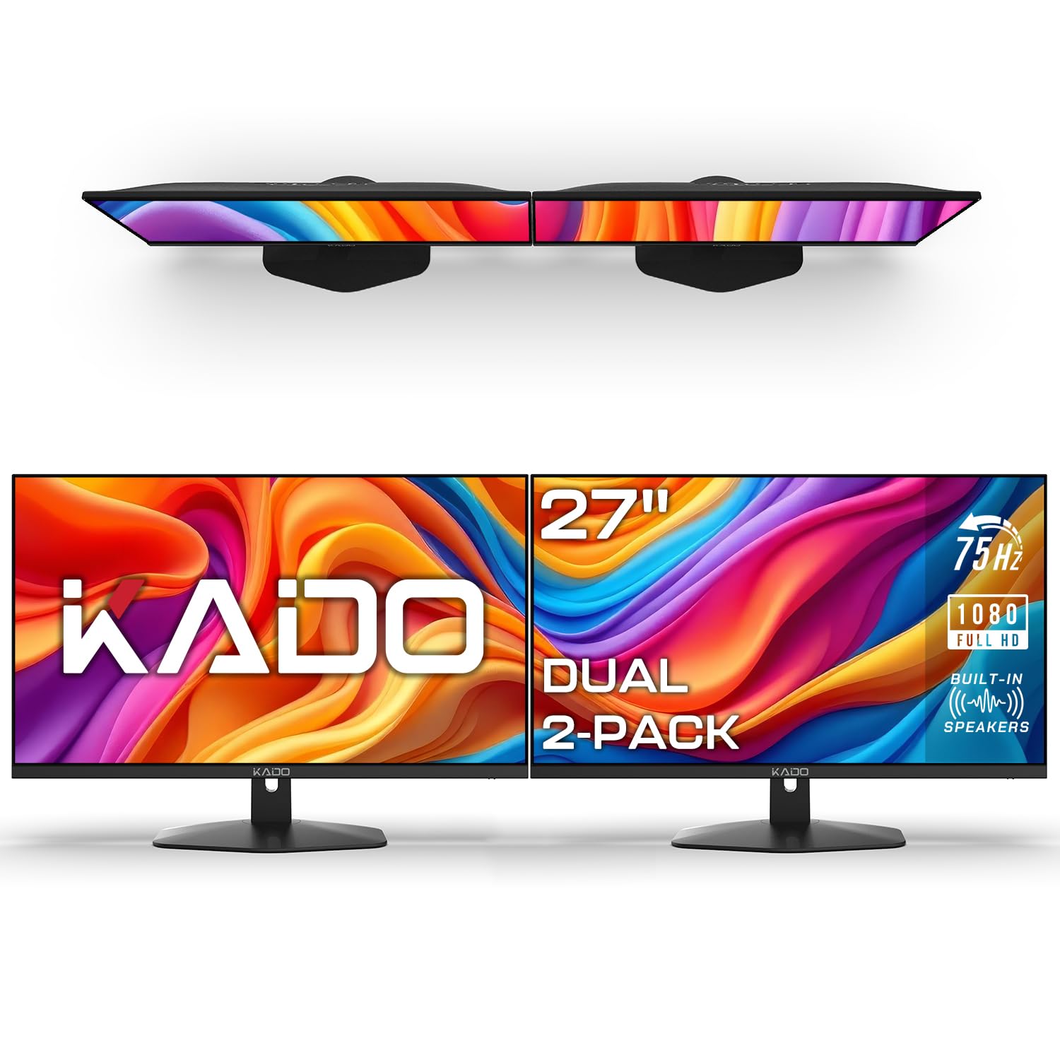 Kado Dual Monitor Setup - 2-Pack 27" 1920x1080 Computer Monitor 75Hz VESA Mount HDMI Office Gaming Hybrid Built-in Speakers (E27X Dual Series)