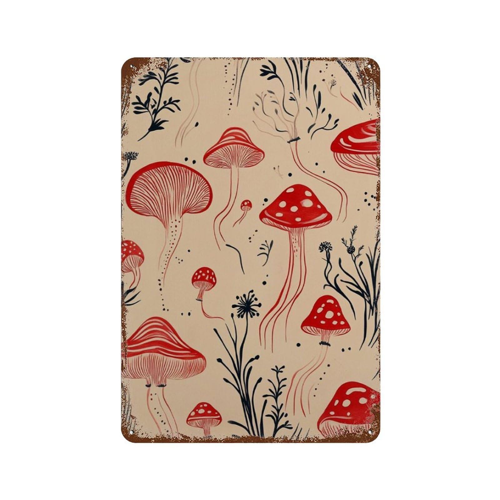 xiaoxiaoshen Mushroom Pattern Red Fungi Botanical Repeat Minimal Nature Work Wall Decor Art Metal Tin Poster Modern Home Decor Art Home Bar Shop Decorations Vintage Sign 30x20cm