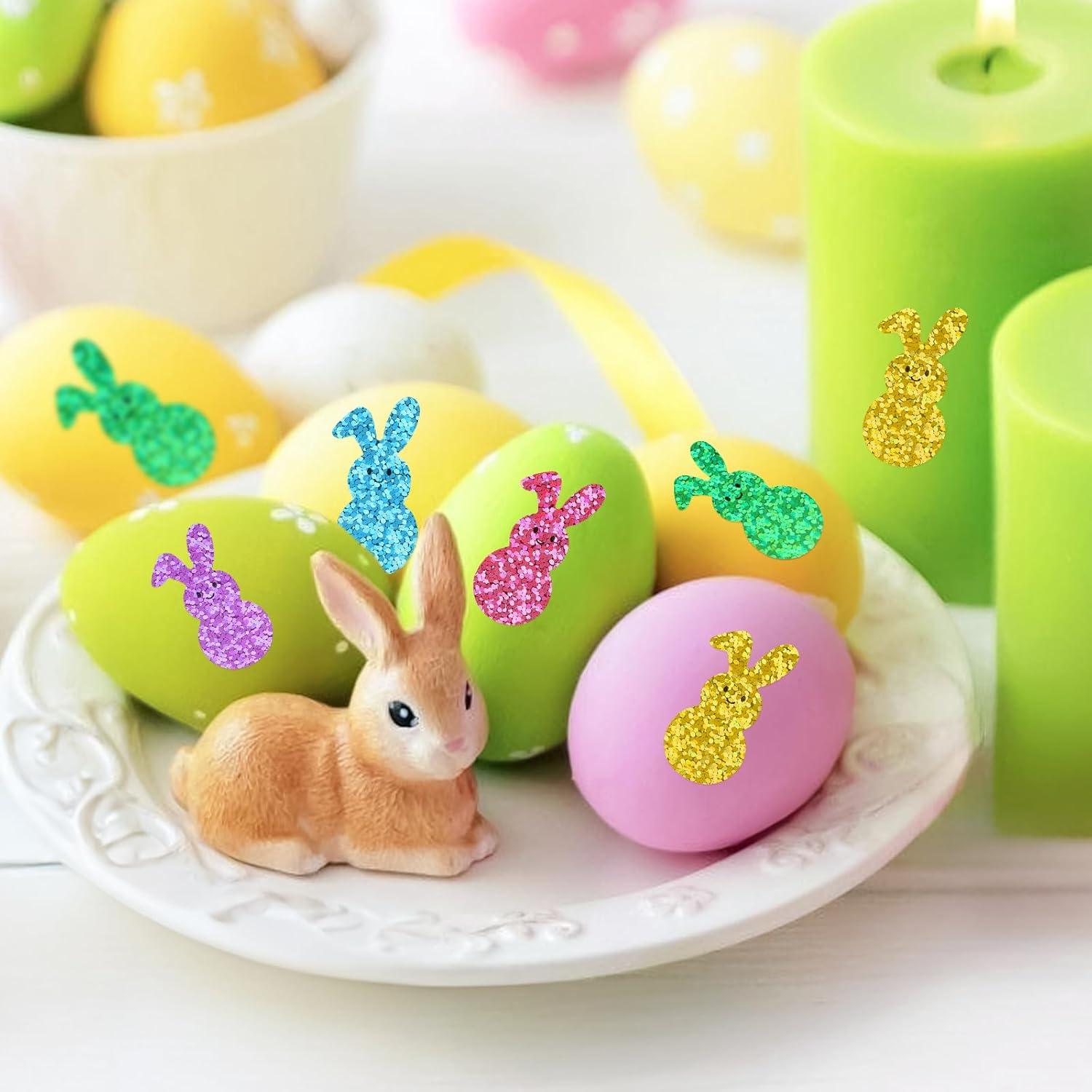 Anwyll Easter Bunny Stickers - 600Pcs Holographic Easter Peeps Stickers for Kid Adult Self Adhesive Happy Easters Rabbit Shape Label Sticker for Envelope Seal Basket Egg Craft Party Decor(5 Color)