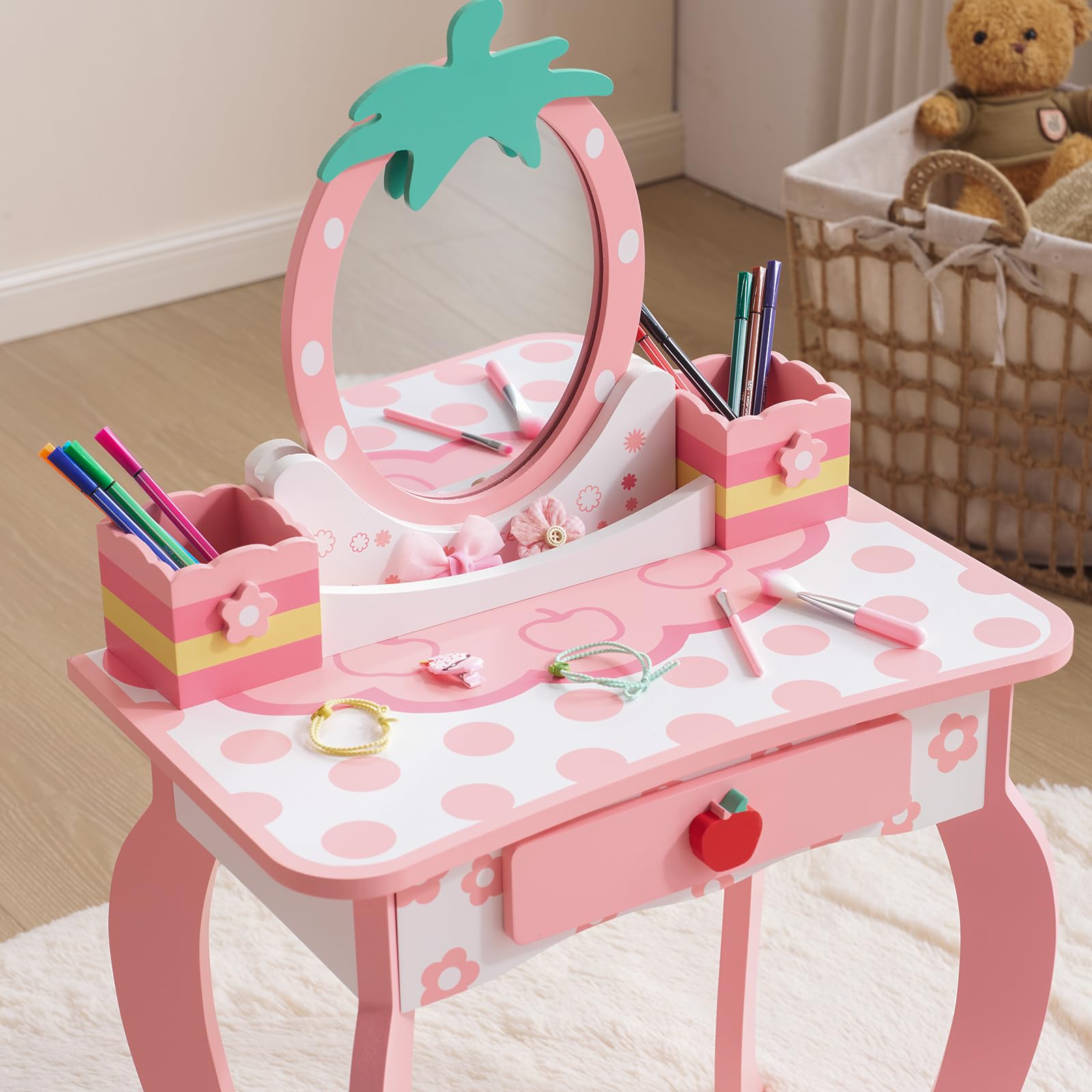 LEADZM Coiffeuse pour Enfants avec Miroir à Trois Volets, Coiffeuse Fille avec Imprimé Fruit Mignon & Tabouret, Table de Maquillage Princesse, pour 3 Ans+ (Rose)