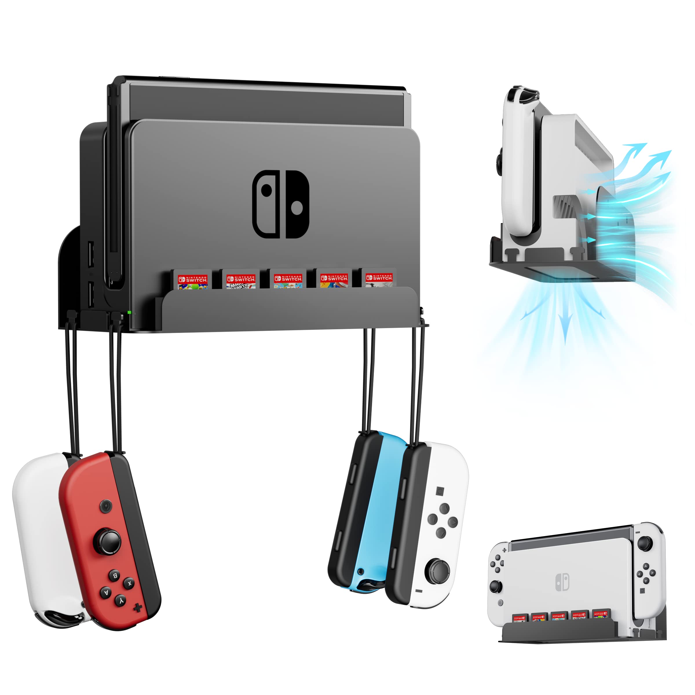 WiilkacWall Mount for Switch and Switch OLED, Metal Wall Mount Kit with 5 Game Cards Slots and 4 Joy Con Hooks, Back Airflow Gap Design, Safely Store Your Switch Console Near or Behind TV (Black)