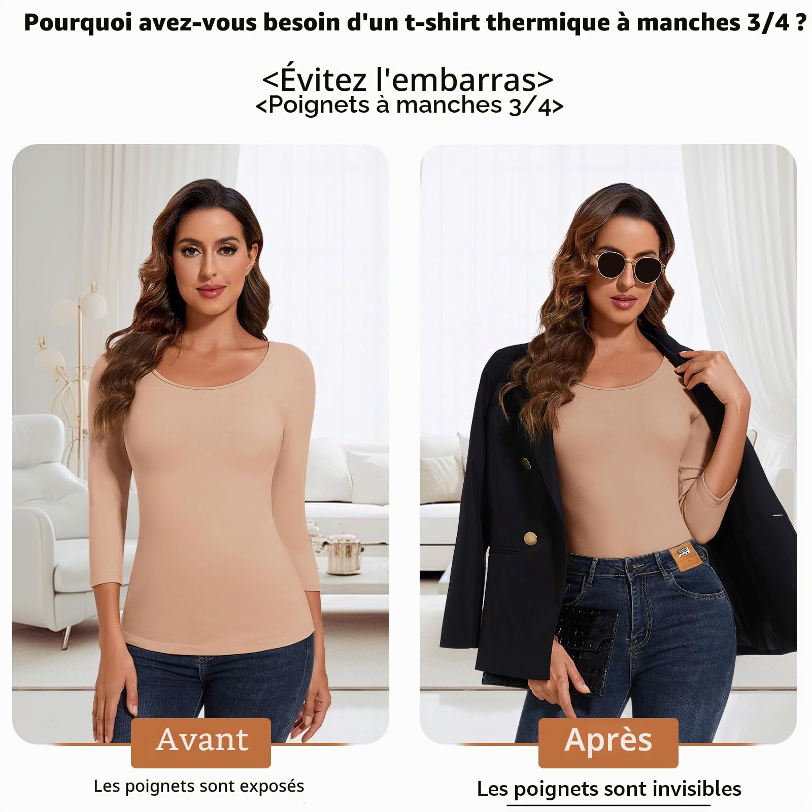Haut Thermique Femme Thermolactyl Women's T-Shirt Thermiques Manches 3/4 Col Rond Pull Shirt Thermal sous Vetements Chauds d'hiver Maillot De Corps