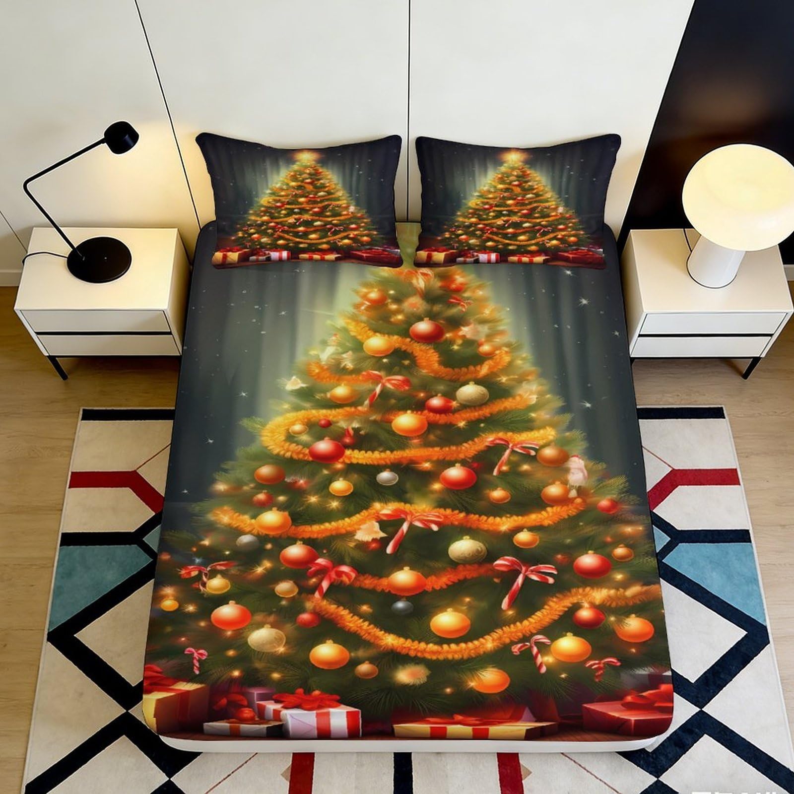 3D Printed Christmas Tree Fitted Sheet Microfiber Deep Pocket Non-Slip Bedroom Bedding Christmas Tree Mattress Fitted Cover Washable 160x200x25cm