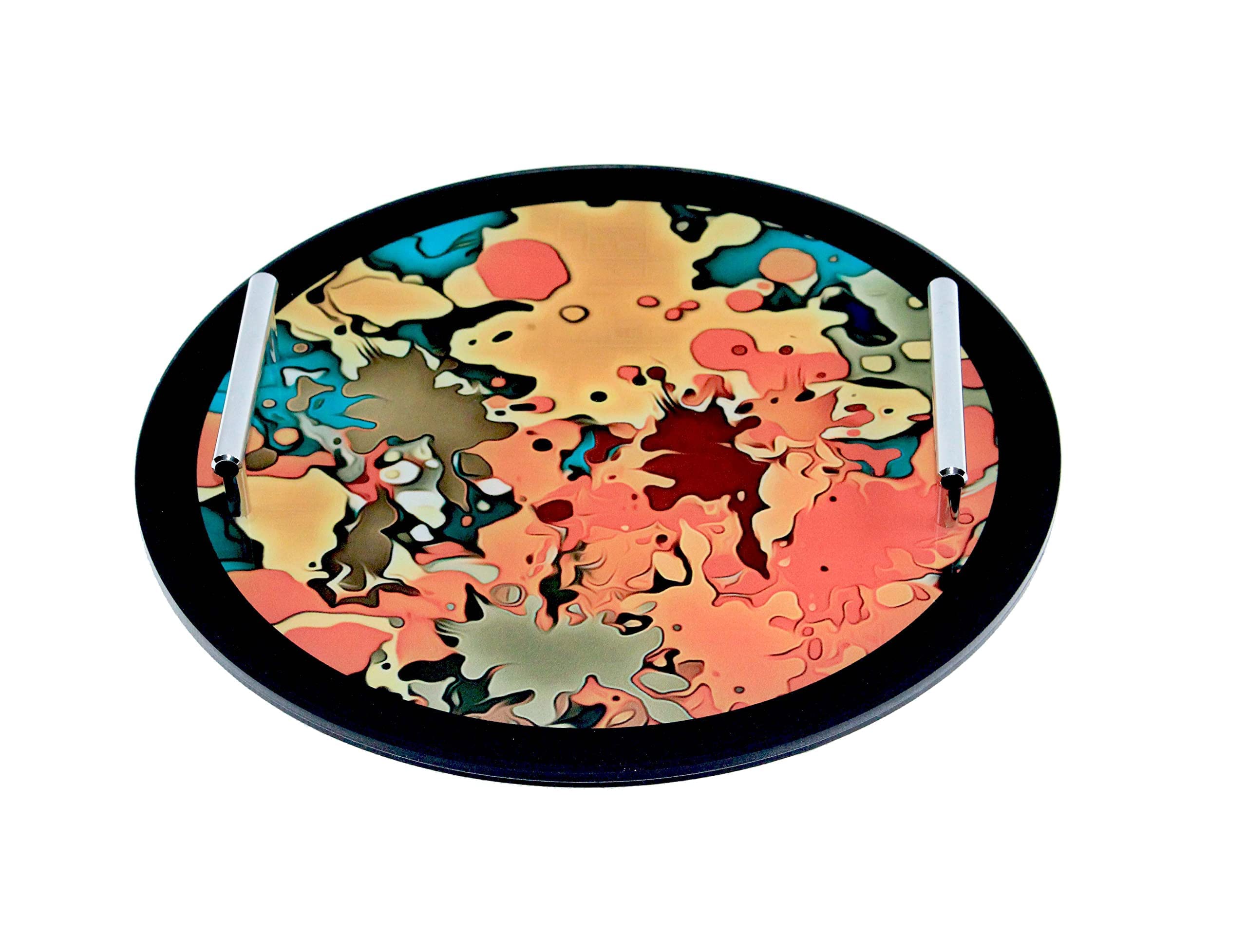 Style Aide Round Serving/Vanity Tray with silver handles and fancy background. Washable, sturdy, anti-slip and decorative for kitchen, dressing table and bathroom. [Medium] (Paint Blast)