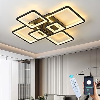Modern LED Ceiling Light, Dimmable LED Ceiling Light Fixture Square 30" Black Dining Room Lights Ceiling, APP and Remote Control for Kitchen Living Room Dining Room Bedroom 6 Light