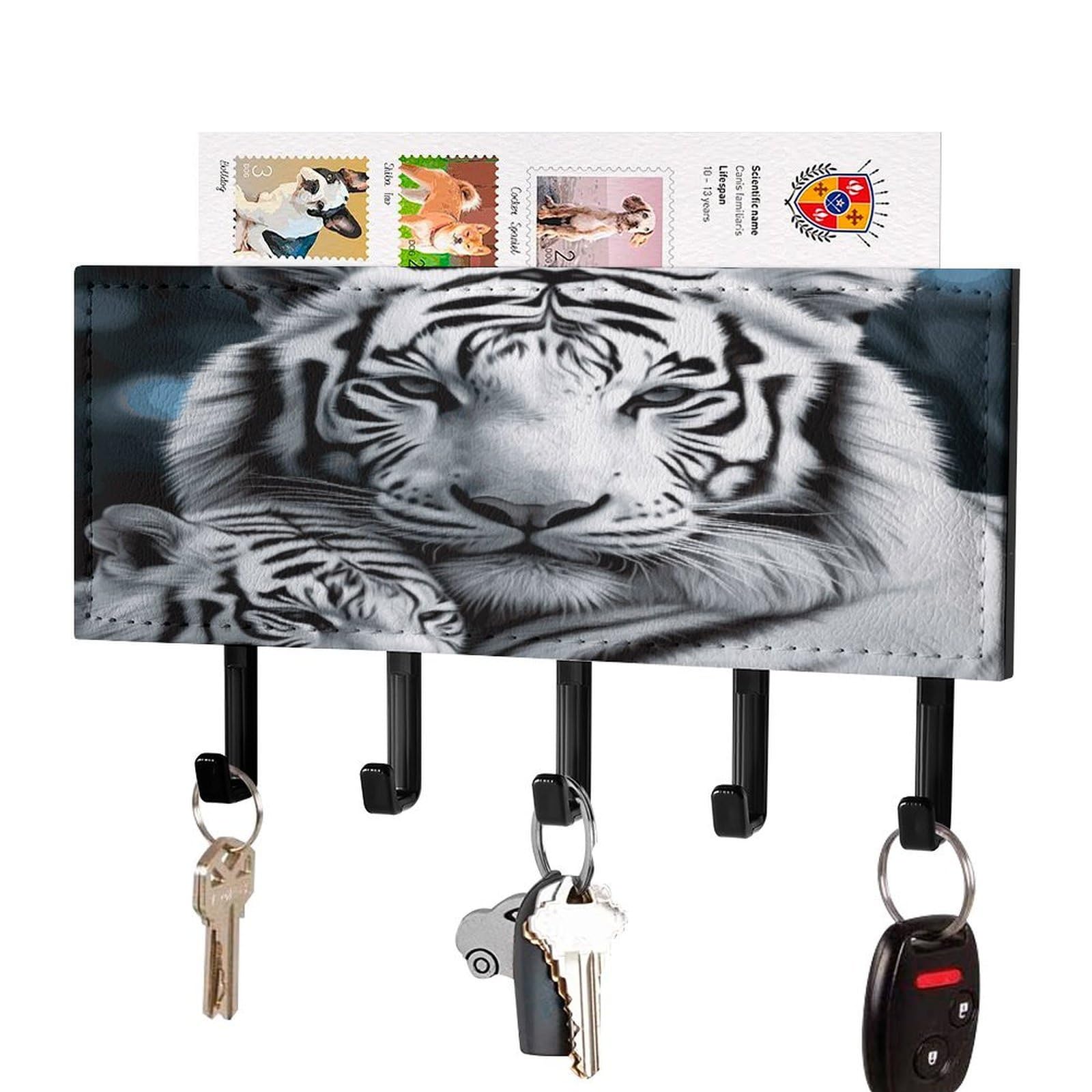 LDGSUPH White Tiger Key Holder Wall Mount Key Hanger with 5 Hooks Fashion Key Organizer Rack Hanging Key Hooks with Mail Organizer Key Rack for Home Entryway Hallway Black-Style