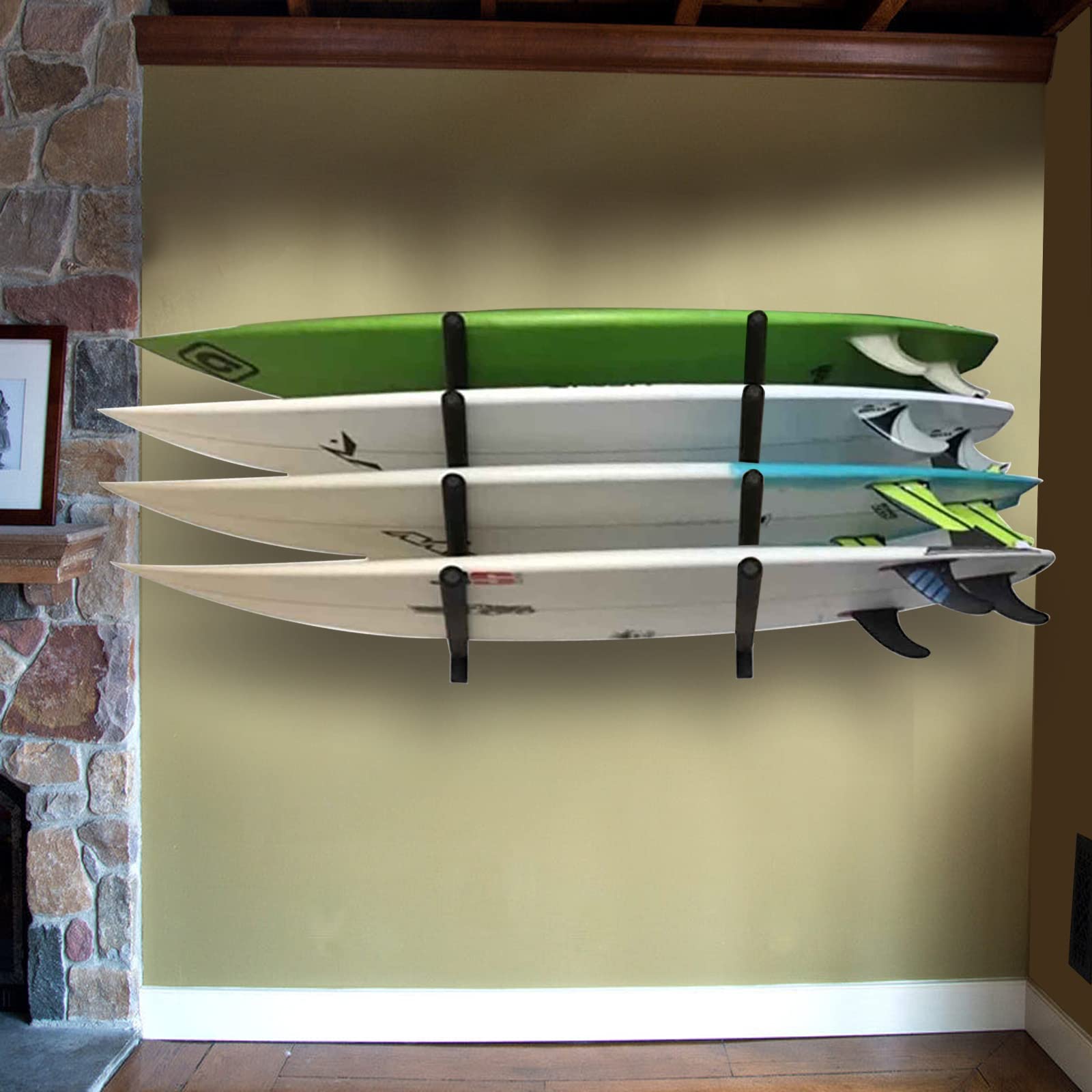 HUIMENG Support Mural De Rangement Pour 4 Planches De Surf/SUP/snowboards/skateboards/kitesboards/wakeboards/paddleboard, Utilisation En Intérieur Et Espaces Secs à L'extérieur, Noir