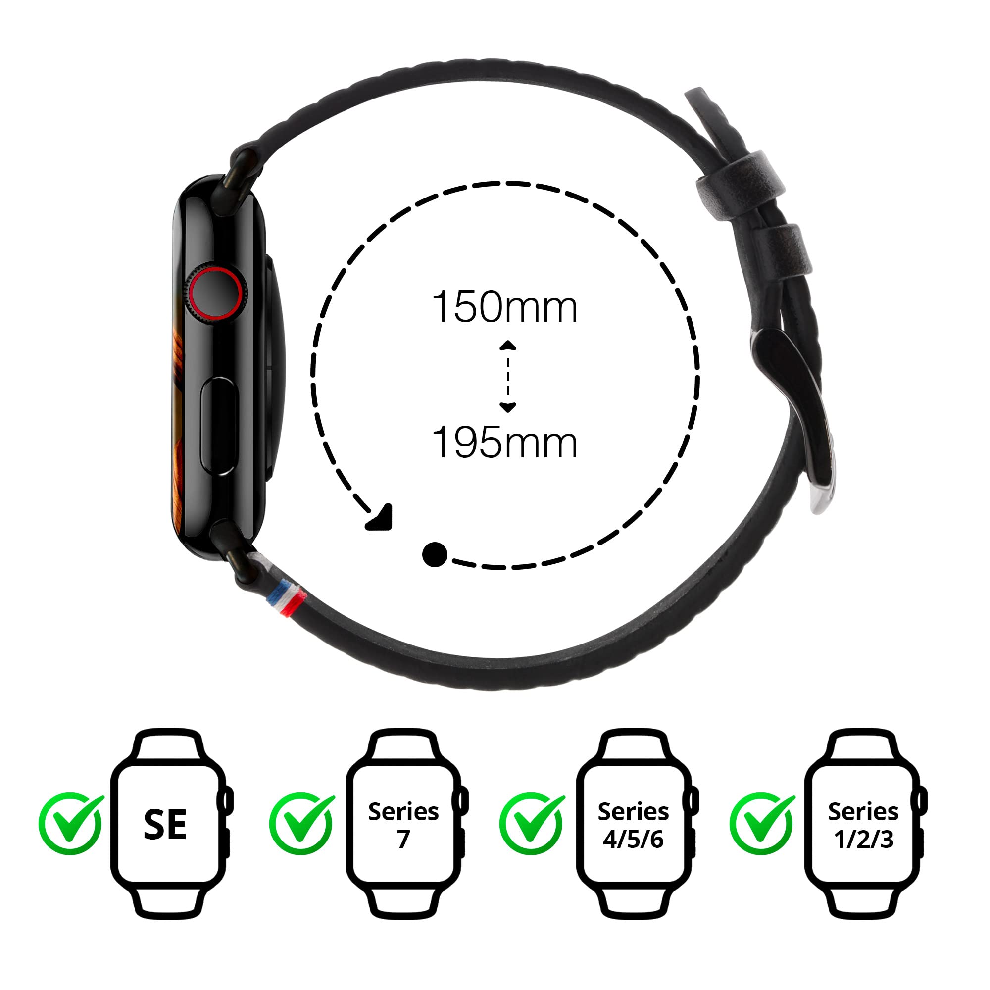 Eternel – Carbone Armband edel – Kompatibel mit allen Apple Watch Modellen – Alle Größen – Handgefertigt in Frankreich – Pflanzlich gegerbtes Leder – Noir