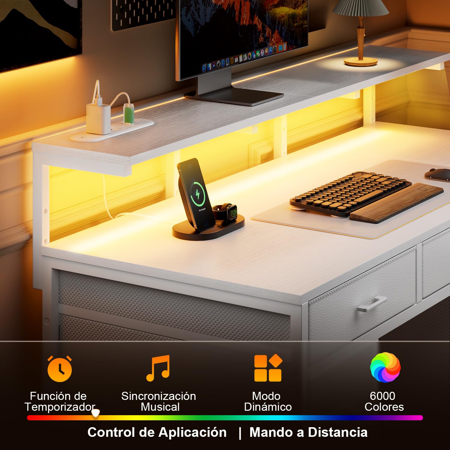 HLFURNIEU Escritorio con 8 Cajones de Tela, 120 × 50 cm Mesa Gaming LED con Enchufes & Puertos USB, Mesa Gamer con Soporte para Monitor, Escritorio Ordenador para Juegos y Oficina en Casa, Blanco | Toma integrada, puerto USB, almacenamiento, soporte de mo