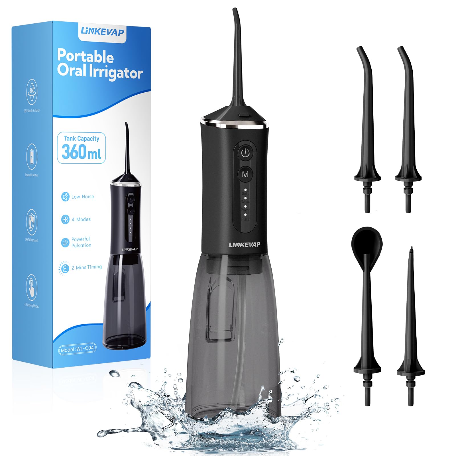 LINKEVAP Irrigador bucal de viaje recargable de 360 ml, IPX7 impermeable para el cuidado dental diario para el hogar