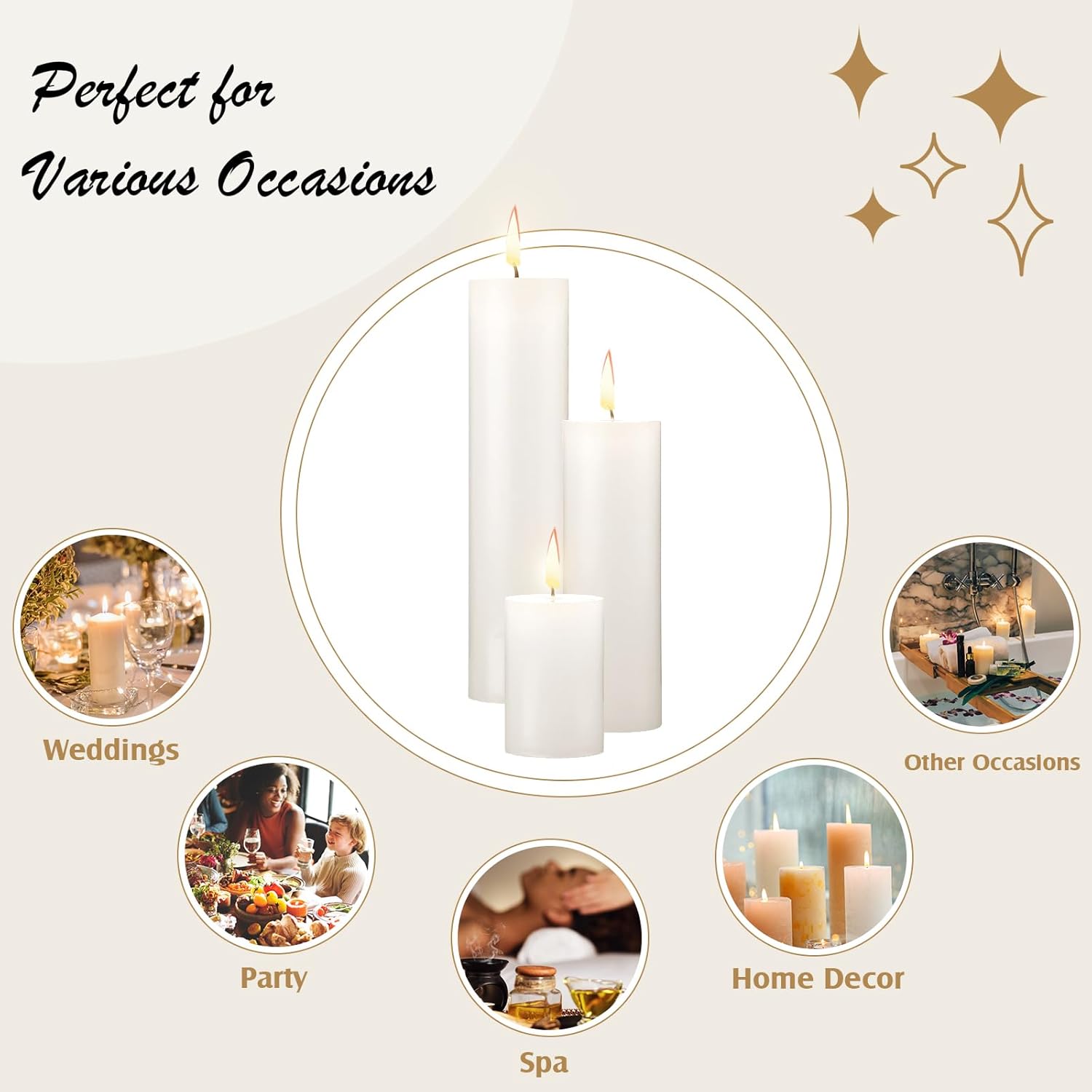 Nuogo 24 Pcs Ivory Pillar Candles Bulk Set of 3 Long Burning Wax Pillar Candles 2 in x 3, 6, 8 Inch Dripless Unscented Smokeless for Wedding Party Spa Lantern Fireplace Home - Image 4
