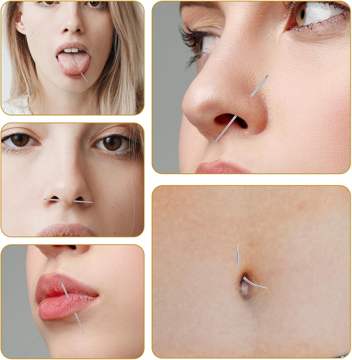 Piercing Taper Ball Grabbing Tool Stainless Steel Flat Back Pin Applicator Threaded Internal External Body Needle Kit Changing Jewelry Replacement for Ear Nose Navel Lip Nipple Eyebrow