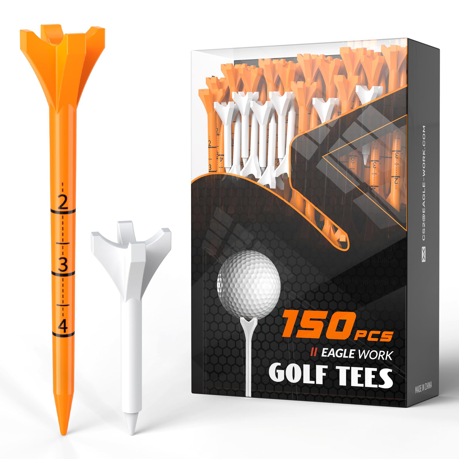EAGLE WORK Professional 150 Pack Golf Tees(130 Driver Tees + 20 Iron/Hybrid Tees), Low Friction & Resistance, Top Golf Gifts for Men & Unique Golf Gifts for Golfers, Tangerine