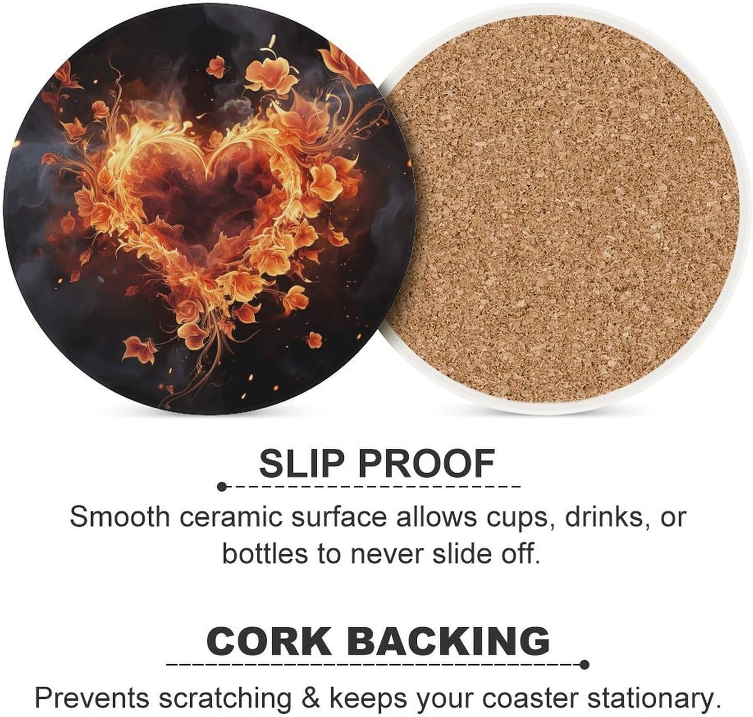 6PCS Fire Flowers and Heart Coasters Non-Slip Round Drink Coasters with Ceramic Stone and Cork Base, Heat Resistant Absorbent 33.00Stone Coaster Set for Kinds of Mugs and Cups, 4 Inch