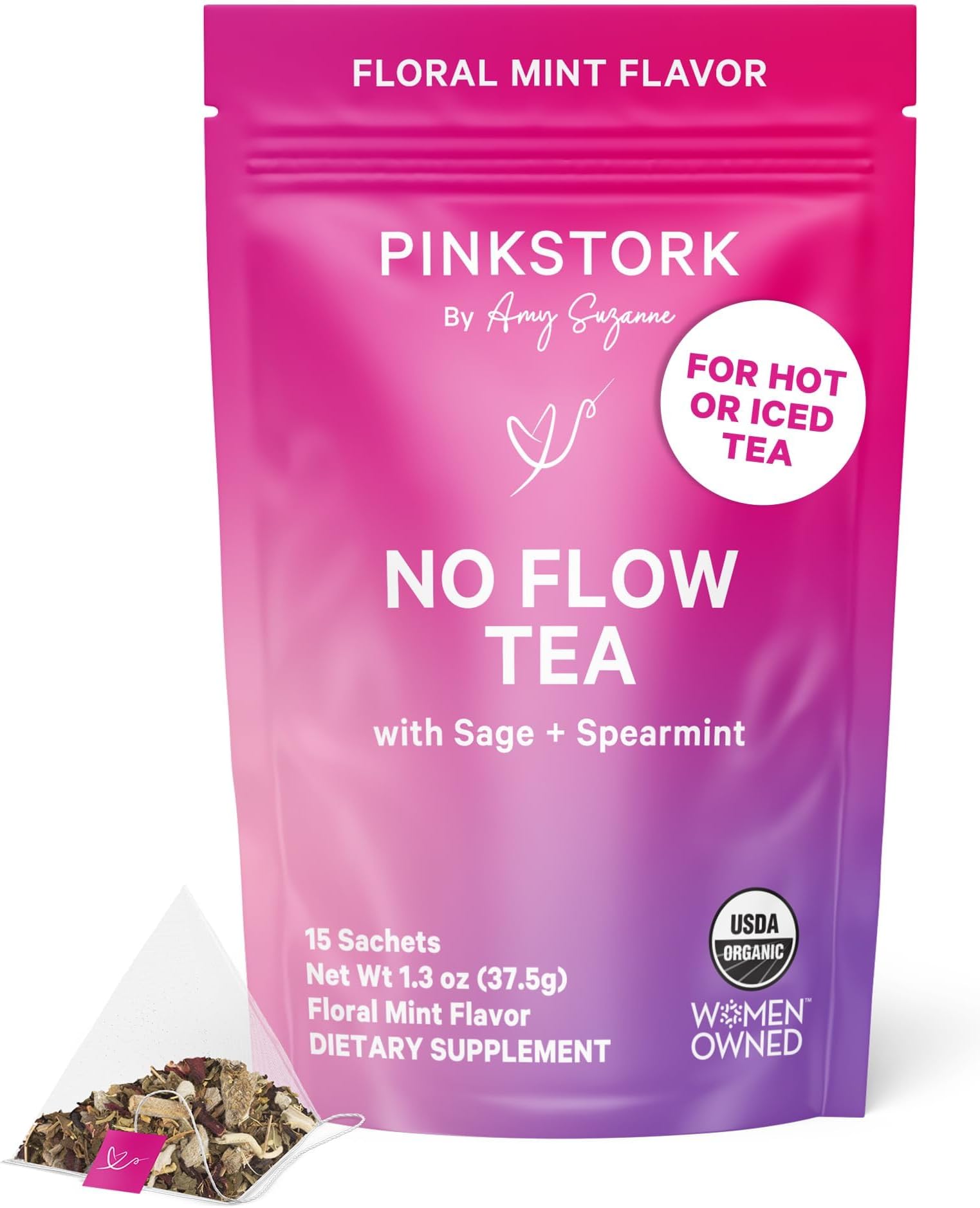 Pink Stork No Flow Tea - Organic Sage Tea to Dry Up Breast Milk Supply and Decrease Milk Production, Stop Breastfeeding, Wean Lactation Naturally, Postpartum Essentials - Hot or Iced - 15 Sachets