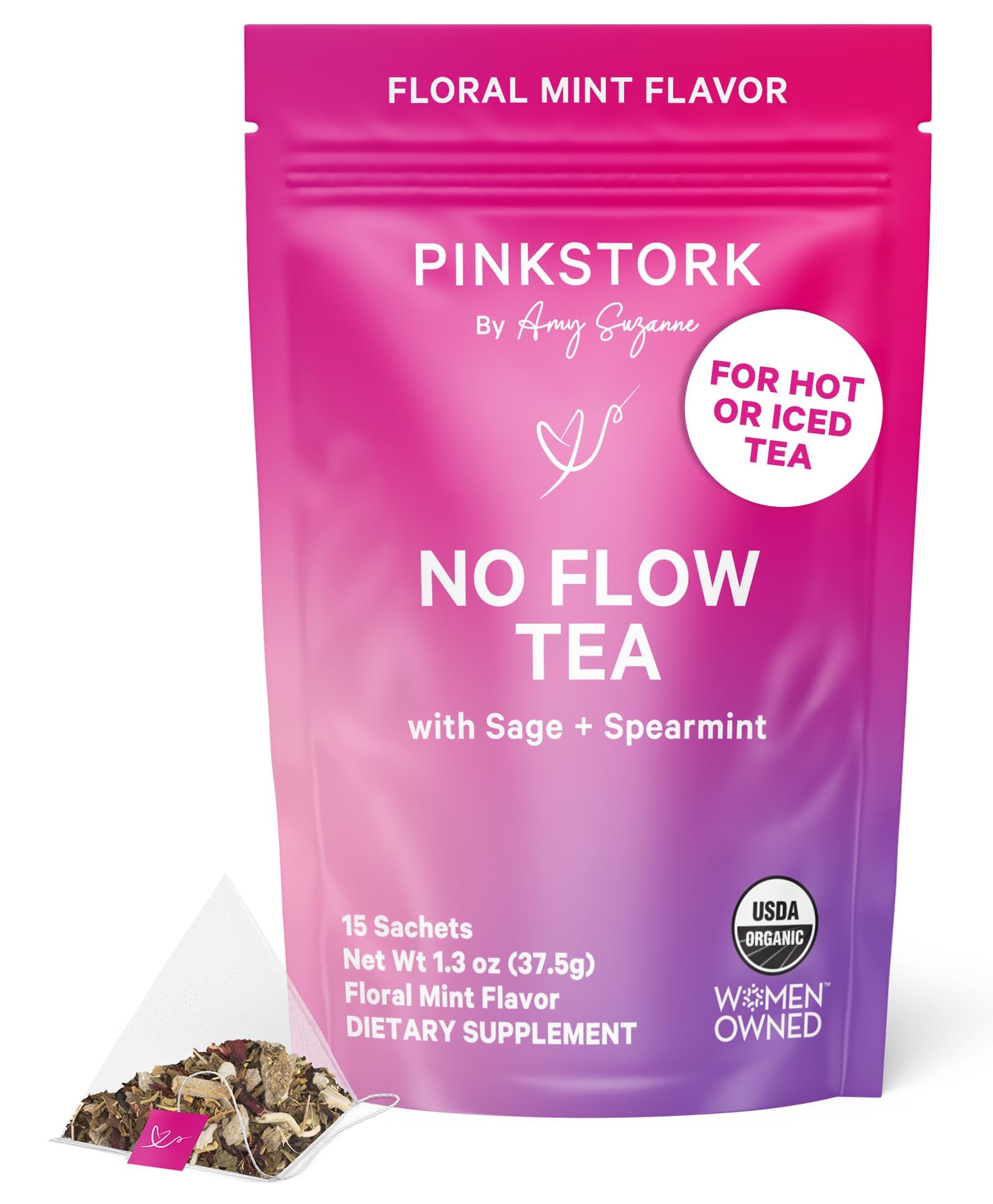 Pink Stork No Flow - Organic Sage Tea to Dry Up Breast Milk Supply and Decrease Milk Production, Stop Breastfeeding, Wean Lactation Naturally, Postpartum Essentials - Hot or Iced - 15 Sachets