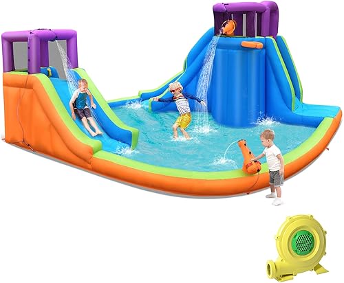 Vista 43 de HONEY JOY Tobogán acuático inflable, parque acuático gigante con porterías de fútbol para exteriores, piscina, escalada, toboganes acuáticos